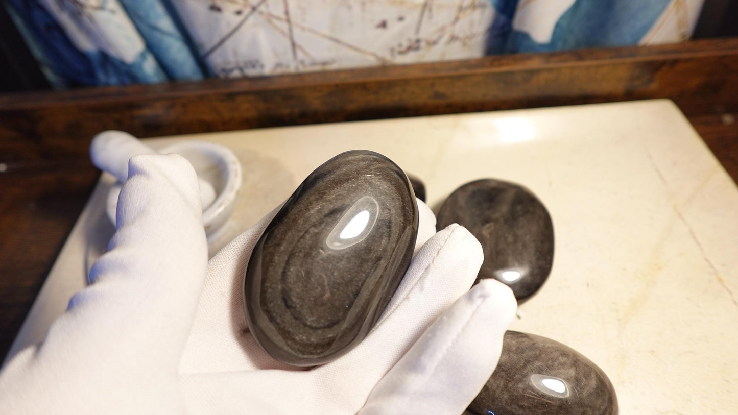 Silver Obsidian Natural Palm Stone Smooth Polished Carved Crystal for anxiety pocket relief gift Birthday Xmas Meditation Scrying