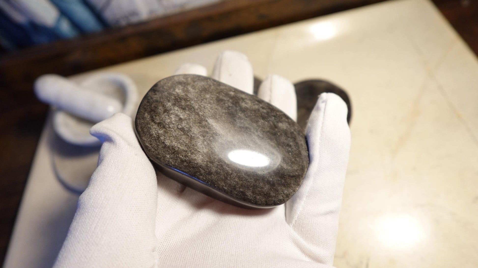 Silver Obsidian Natural Palm Stone Smooth Polished Carved Crystal for anxiety pocket relief gift Birthday Xmas Meditation Scrying