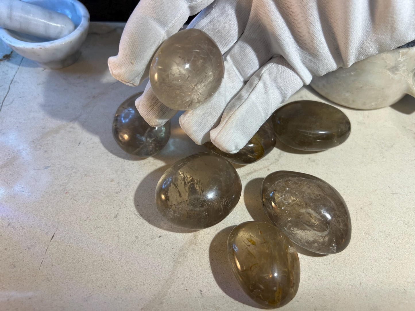 Madagascan Smoky Quartz Natural Palm Stone Smooth Polished Carved Crystal for Distraction Birthday Xmas Gift Anxiety Worry Stone