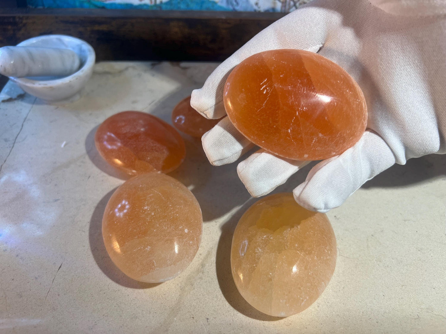Orange Selenite Pocket Anxiety Palm Stone Smooth Panic Relaxation Natural Crystal Home Decor Birthday Gift Nervous Crystal Large Worry