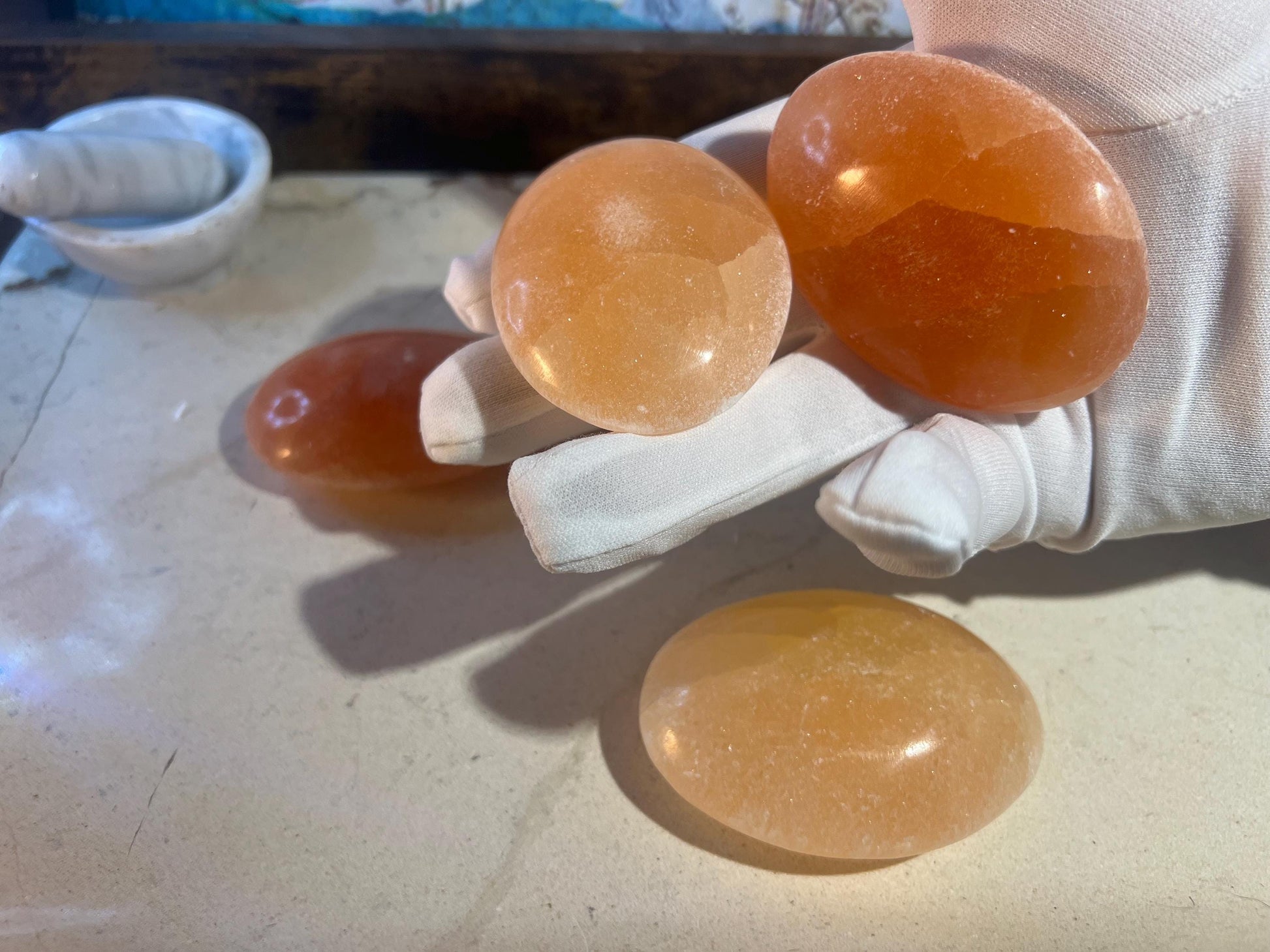 Orange Selenite Pocket Anxiety Palm Stone Smooth Panic Relaxation Natural Crystal Home Decor Birthday Gift Nervous Crystal Large Worry