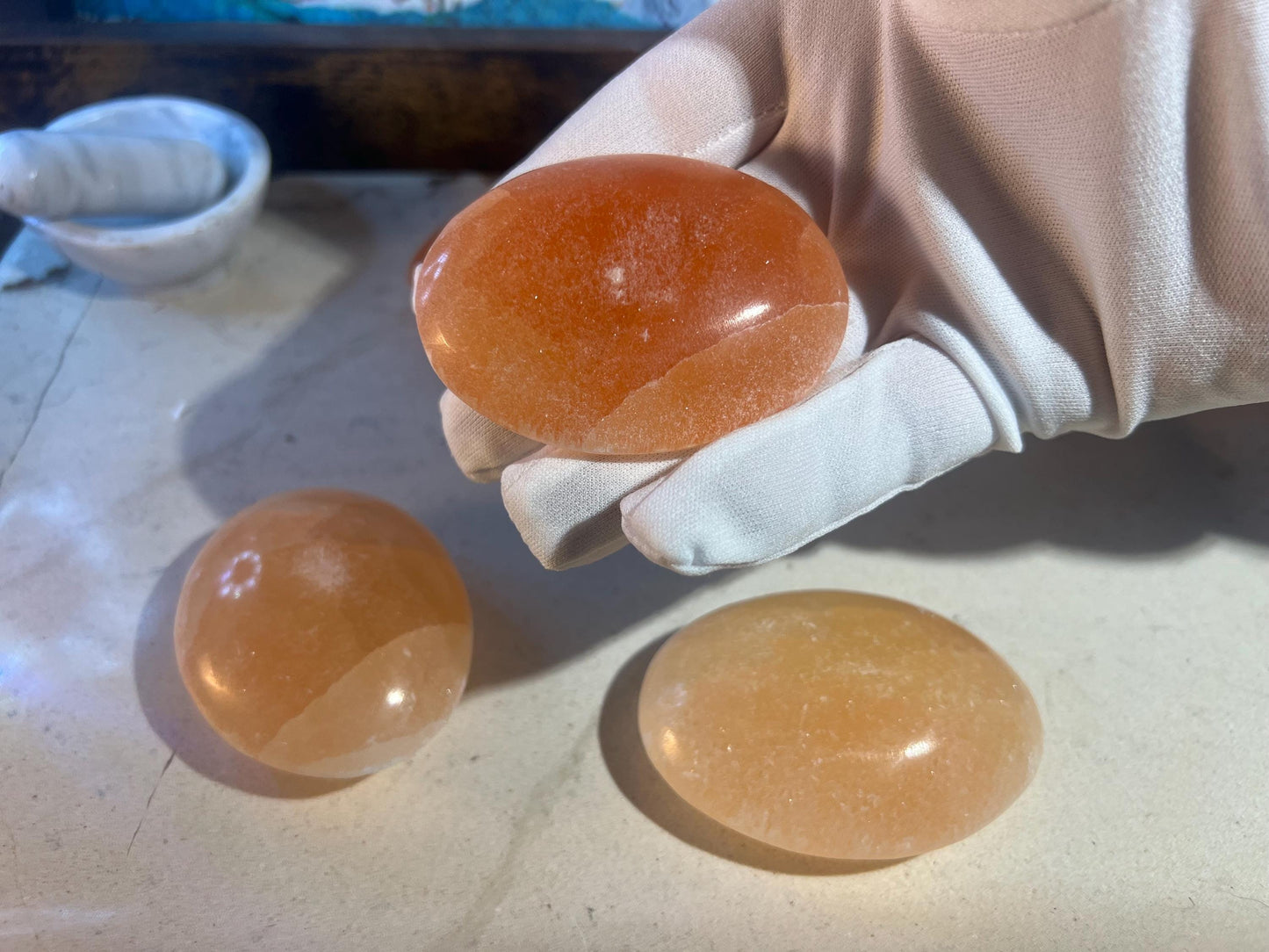Orange Selenite Pocket Anxiety Palm Stone Smooth Panic Relaxation Natural Crystal Home Decor Birthday Gift Nervous Crystal Large Worry
