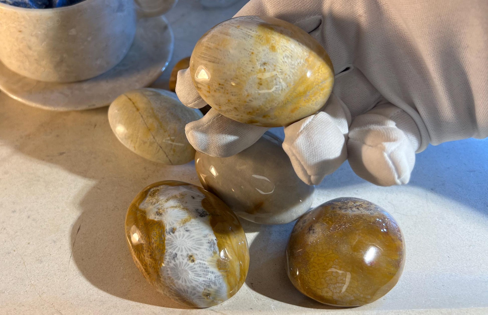 Indian Agatized Coral Natural Palm Stone Smooth Polished Carved Crystal for Distraction Home Decor Christmas Xmas Birthday Worry Anxiety