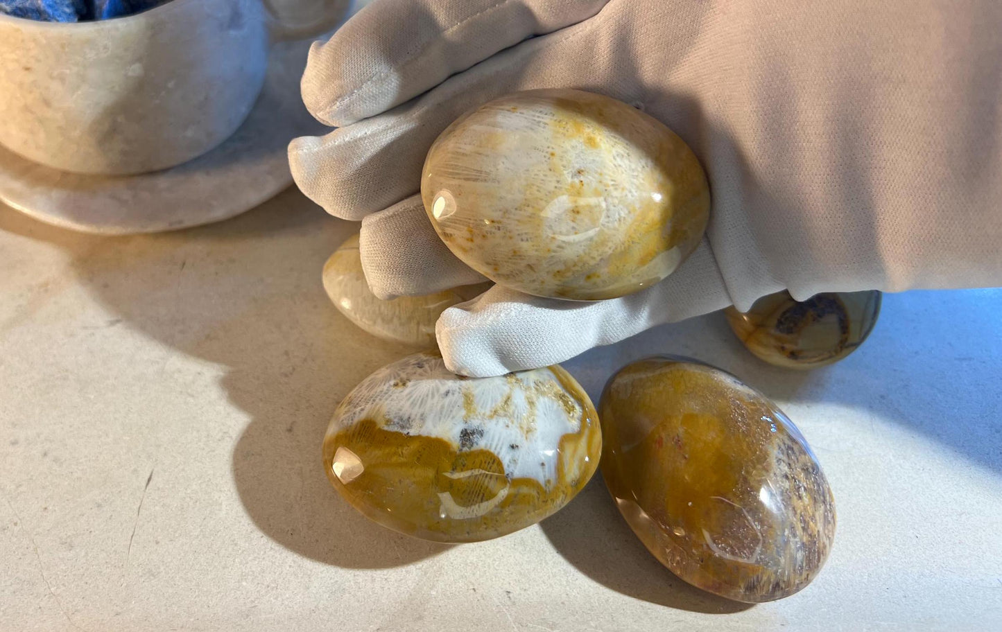 Indian Agatized Coral Natural Palm Stone Smooth Polished Carved Crystal for Distraction Home Decor Christmas Xmas Birthday Worry Anxiety
