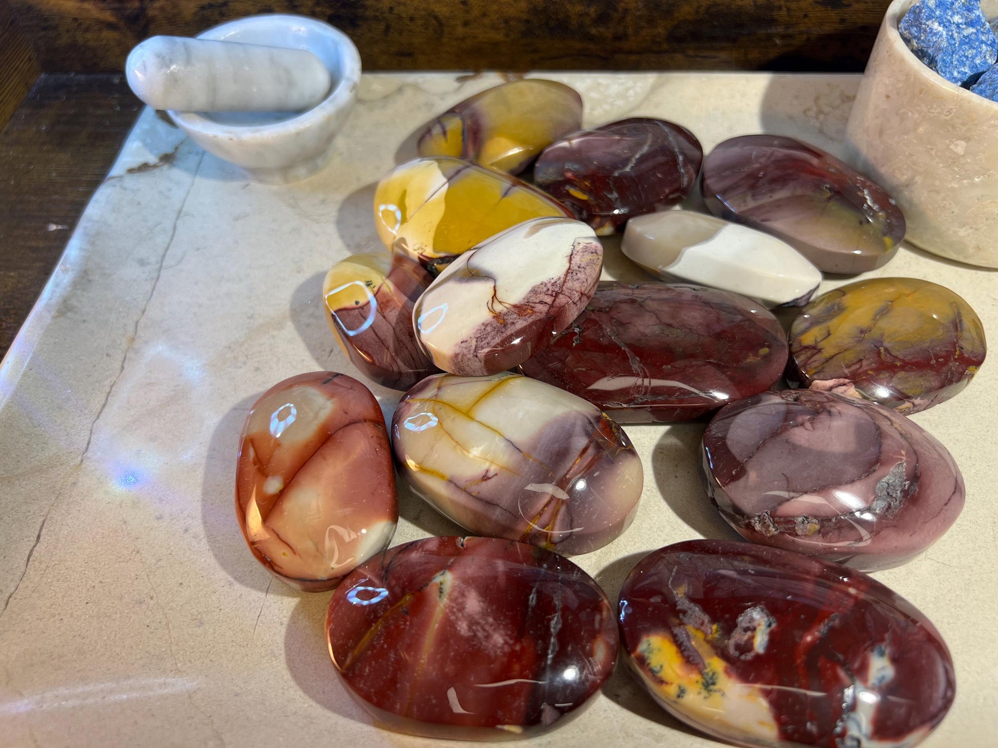 Stunning Mookaite Jasper Natural Palm Stone Smooth Polished Carved Crystal for Christmas Xmas Decor gift Anxiety Worry Christmas Birthday