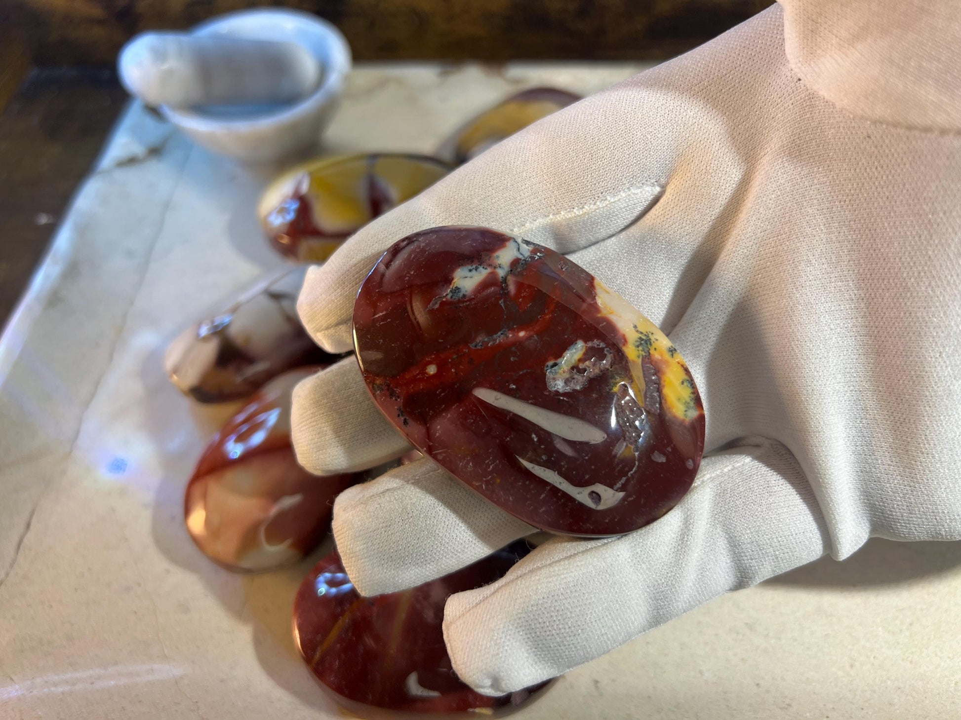 Stunning Mookaite Jasper Natural Palm Stone Smooth Polished Carved Crystal for Christmas Xmas Decor gift Anxiety Worry Christmas Birthday