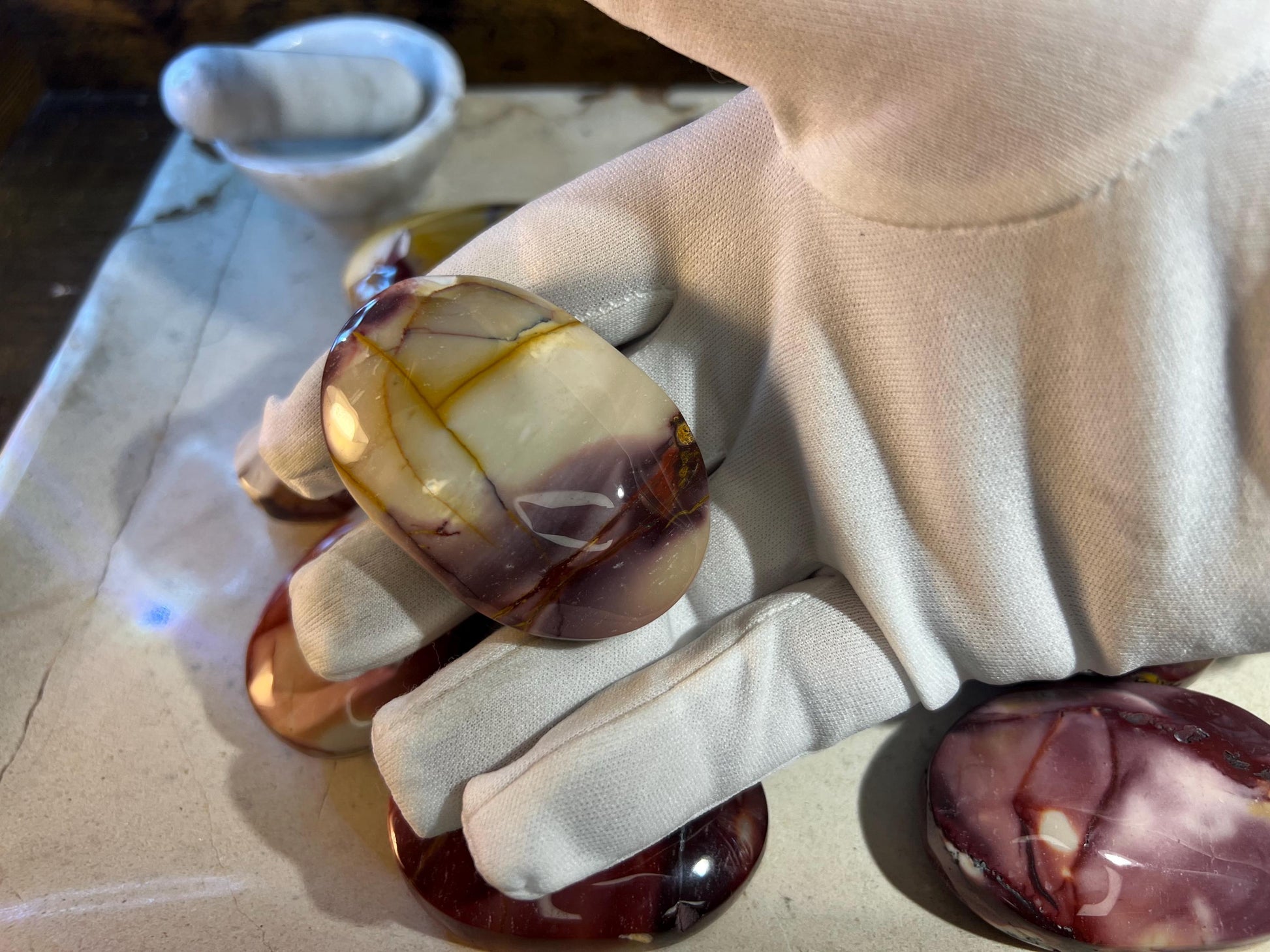 Stunning Mookaite Jasper Natural Palm Stone Smooth Polished Carved Crystal for Christmas Xmas Decor gift Anxiety Worry Christmas Birthday