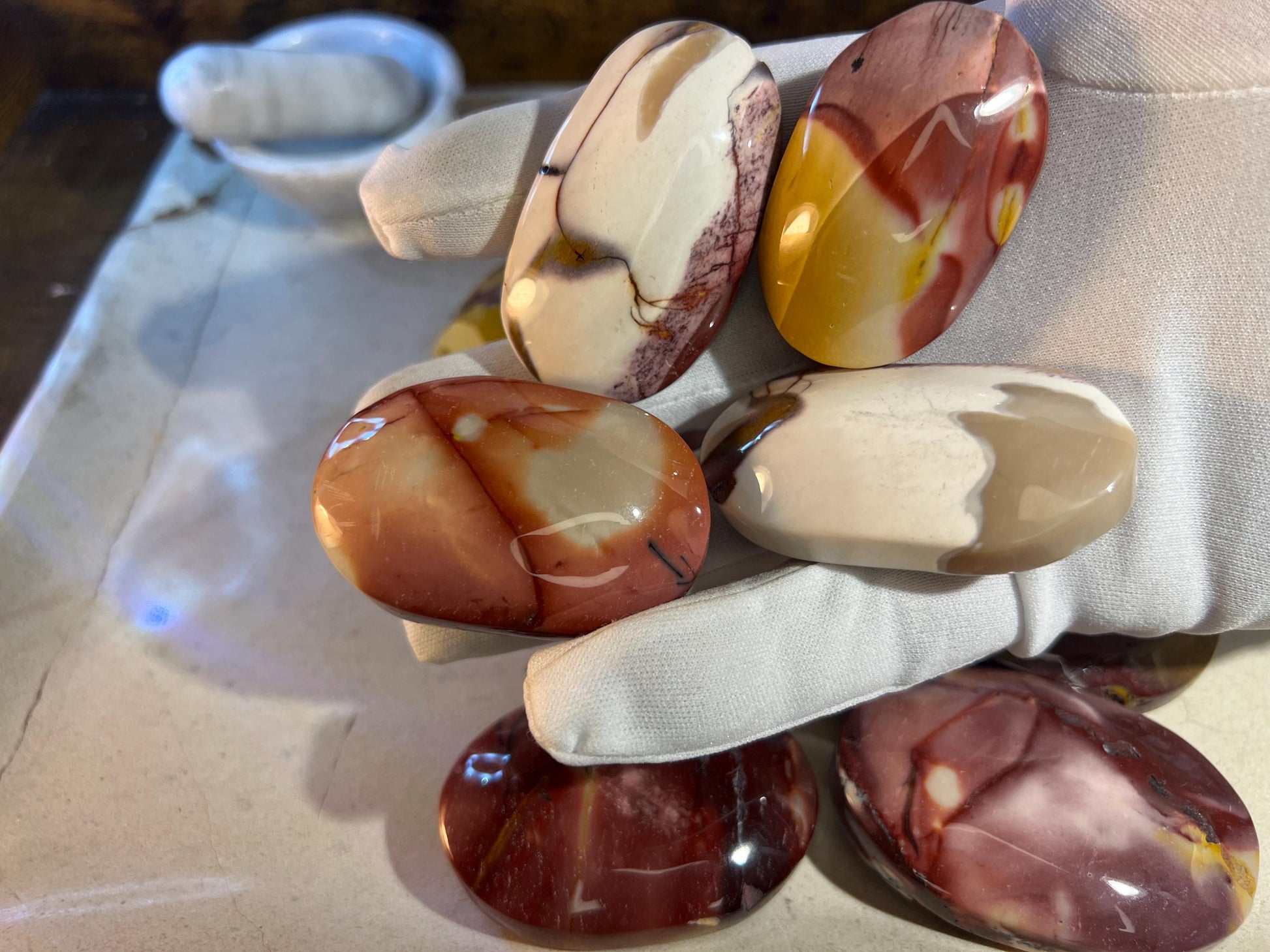 Stunning Mookaite Jasper Natural Palm Stone Smooth Polished Carved Crystal for Christmas Xmas Decor gift Anxiety Worry Christmas Birthday