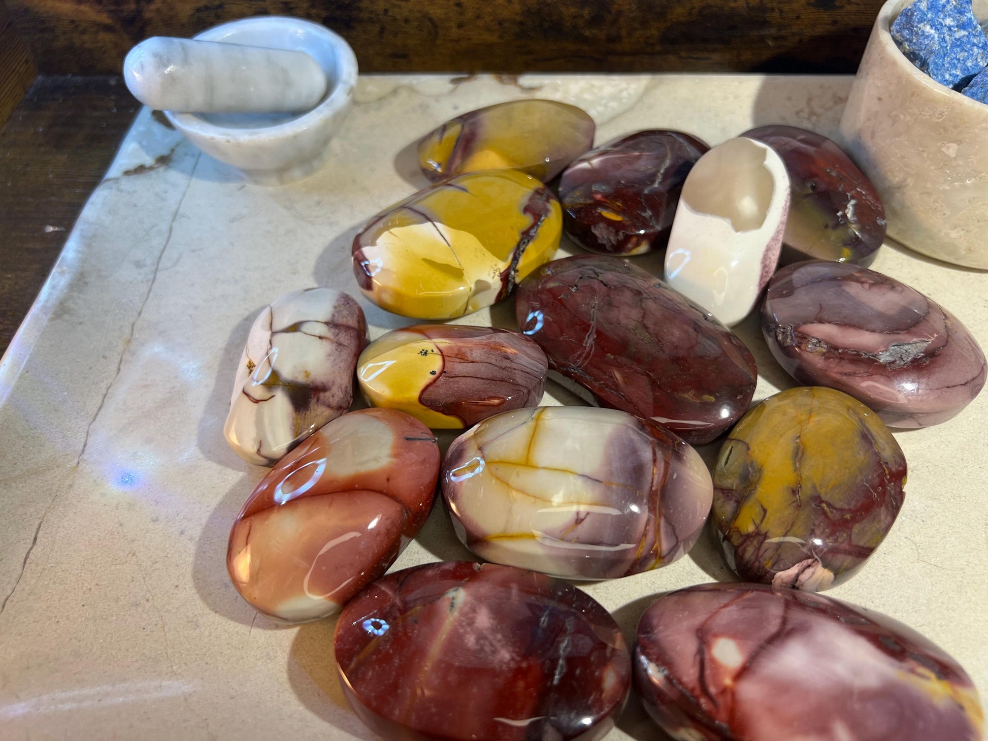 Stunning Mookaite Jasper Natural Palm Stone Smooth Polished Carved Crystal for Christmas Xmas Decor gift Anxiety Worry Christmas Birthday