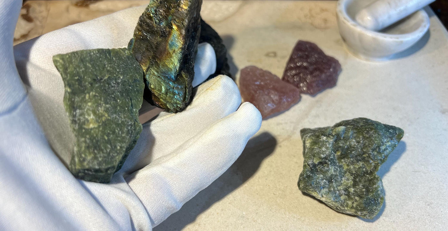 Raw Crystal Power Pack: Strawberry Quartz, Labradorite, Green Jade