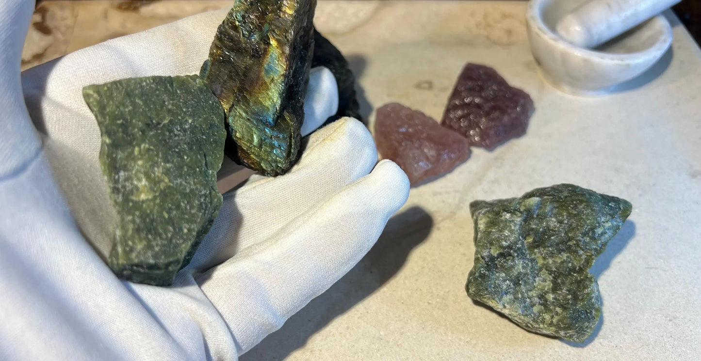 Raw Crystal Power Pack: Strawberry Quartz, Labradorite, Green Jade