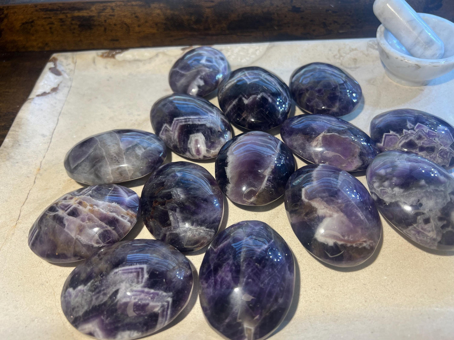 Dream Amethyst Natural Palm Stone Smooth Polished Carved Crystal for Distraction from Anxiety Worry Home Decor Christmas Birthday Xmas Gift