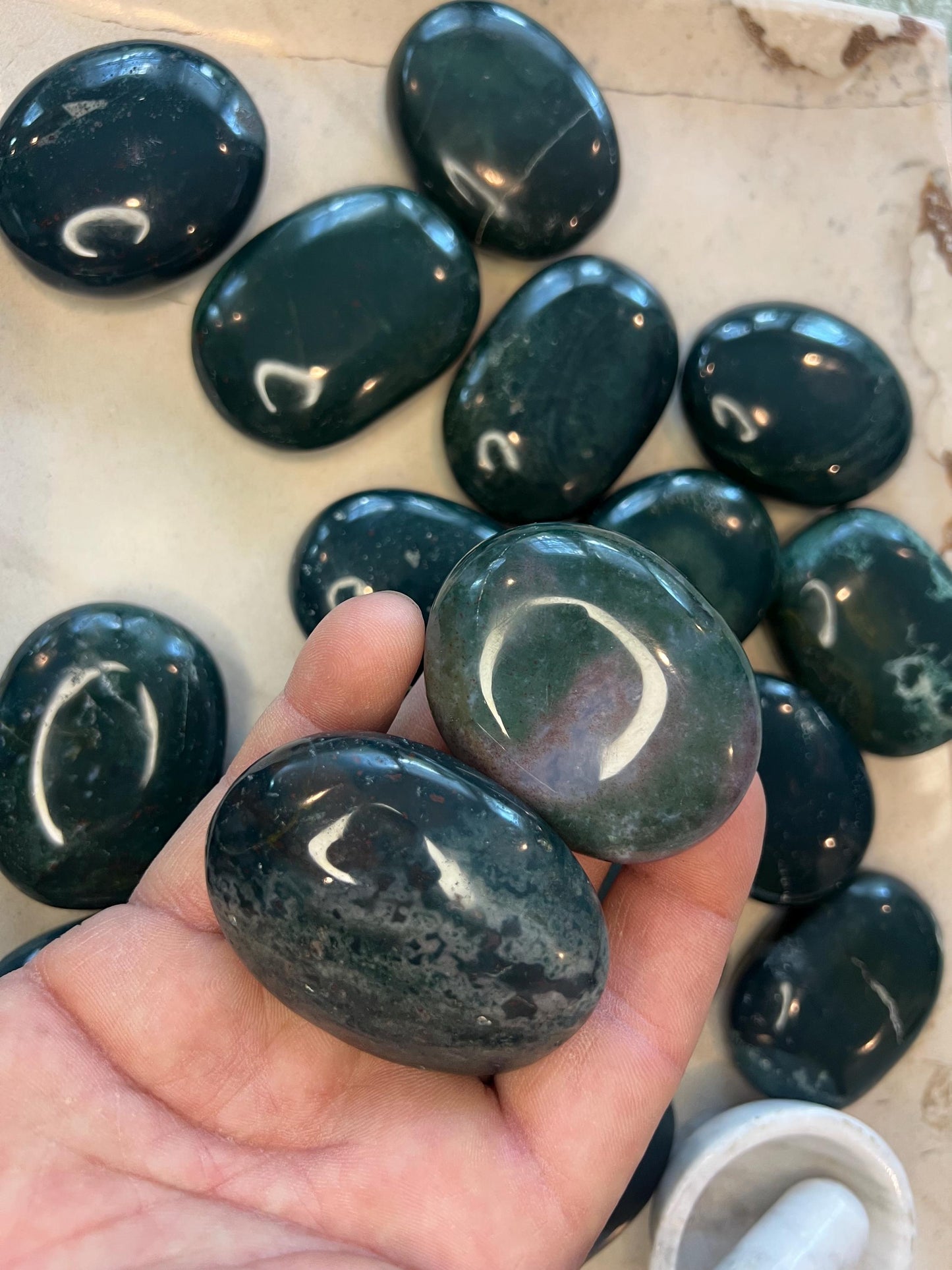 Bloodstone Natural Palm Stone Smooth Polished Carved Crystal for Distraction from Anxiety or Worry Home Decor Holiday Xmas Home Decor