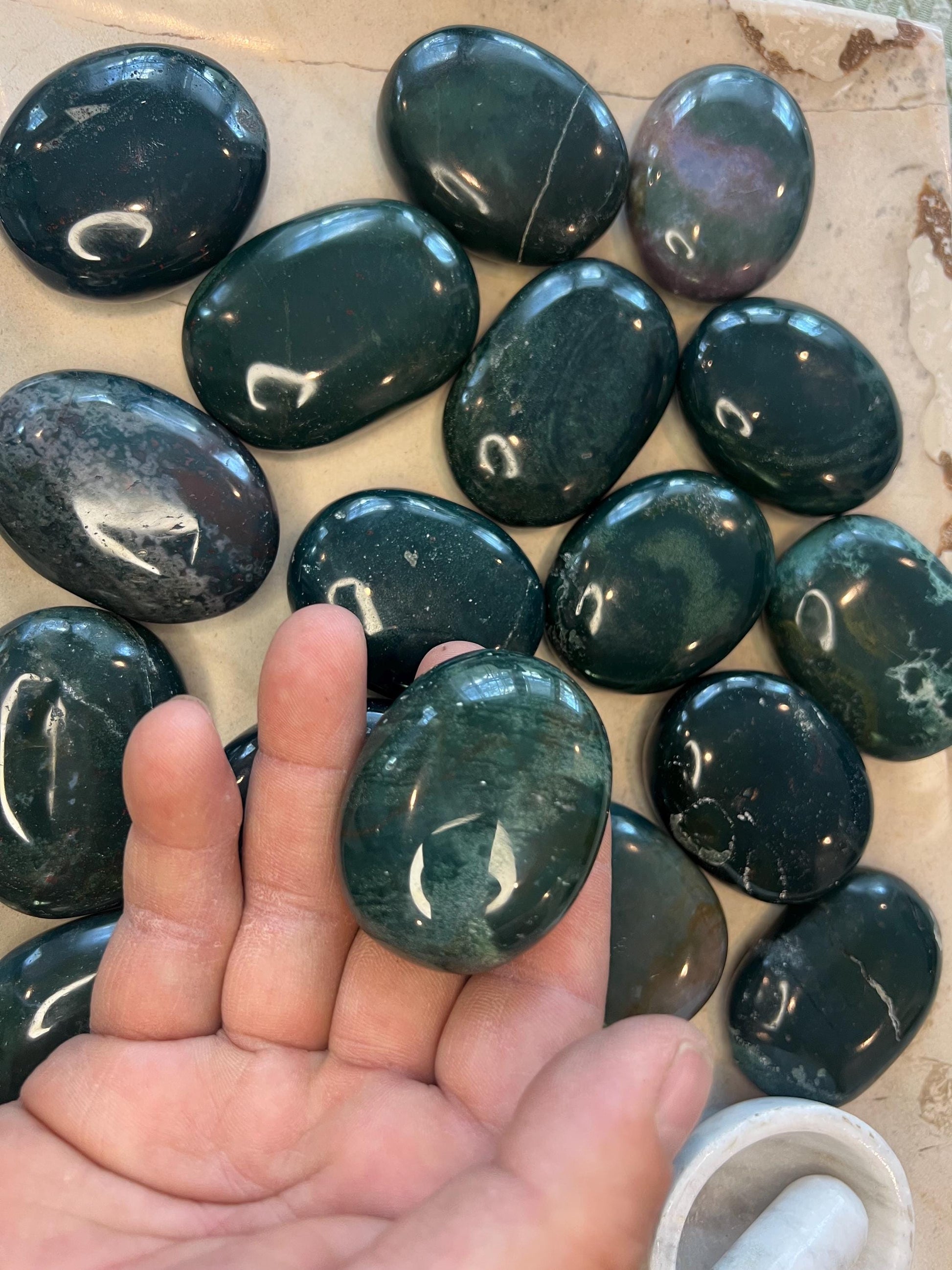 Bloodstone Natural Palm Stone Smooth Polished Carved Crystal for Distraction from Anxiety or Worry Home Decor Holiday Xmas Home Decor