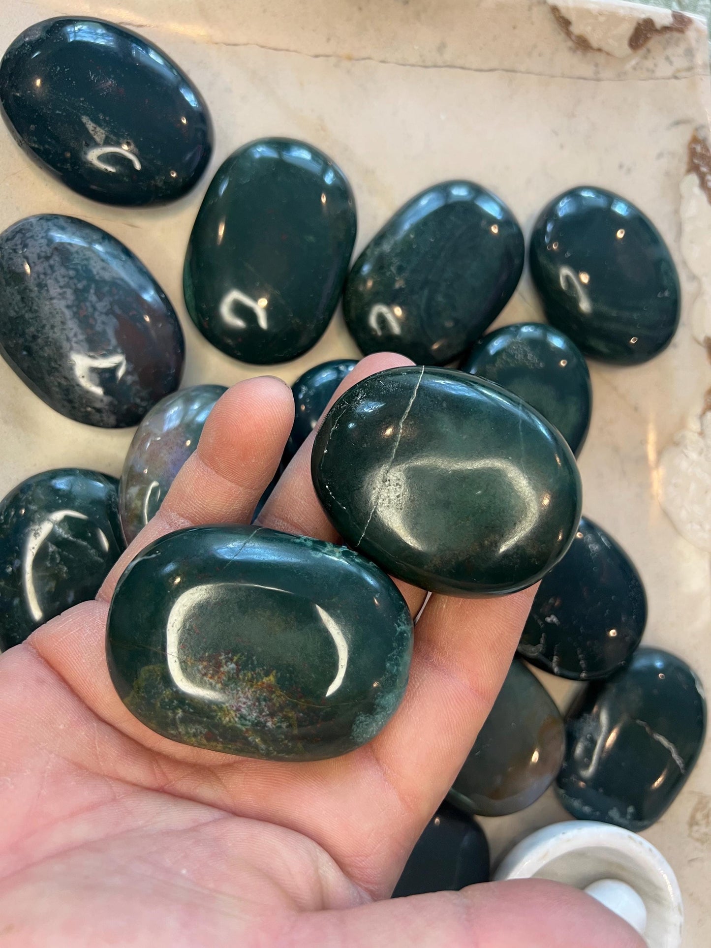 Bloodstone Natural Palm Stone Smooth Polished Carved Crystal for Distraction from Anxiety or Worry Home Decor Holiday Xmas Home Decor