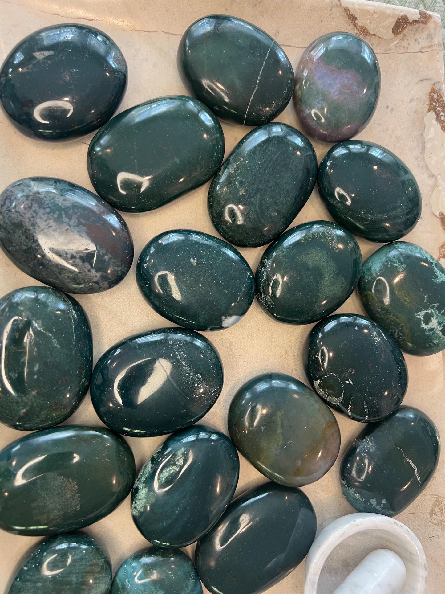 Bloodstone Natural Palm Stone Smooth Polished Carved Crystal for Distraction from Anxiety or Worry Home Decor Holiday Xmas Home Decor