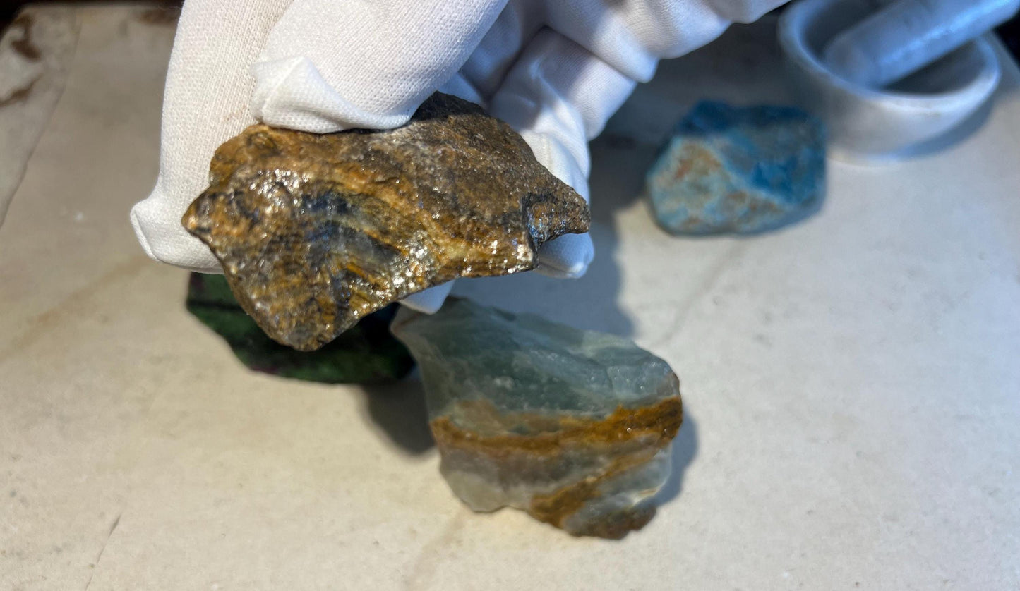 Raw Crystal Healing Power Pack: Blue Apatite, Ruby Fuchsite, Blue Onyx