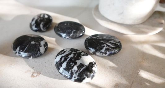 Zebra Rock Natural Medium Palm Stone Smooth Polished Carved Crystal for Distraction Christmas Holiday Decor Birthday Gift Anxiety Worry