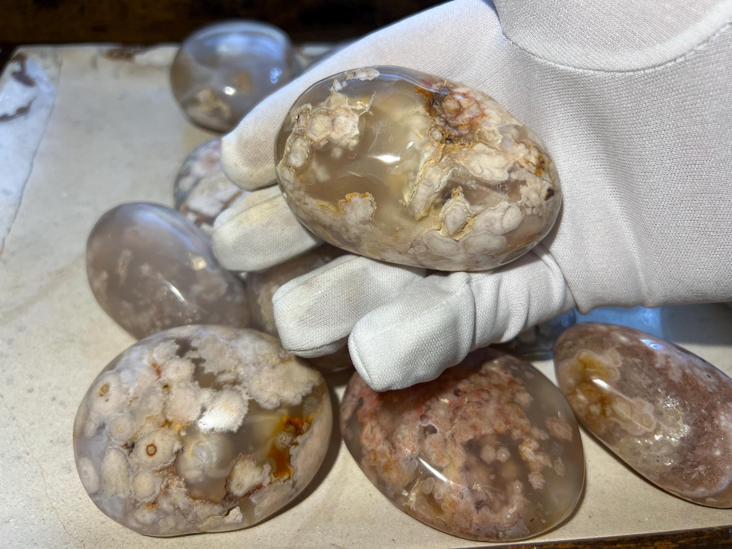 Flower Agate Polished Palm Stone Pocket Anxiety Palm Worry Pocket Gift Christmas Birthday Xmas Meditation Crystal Home Decor