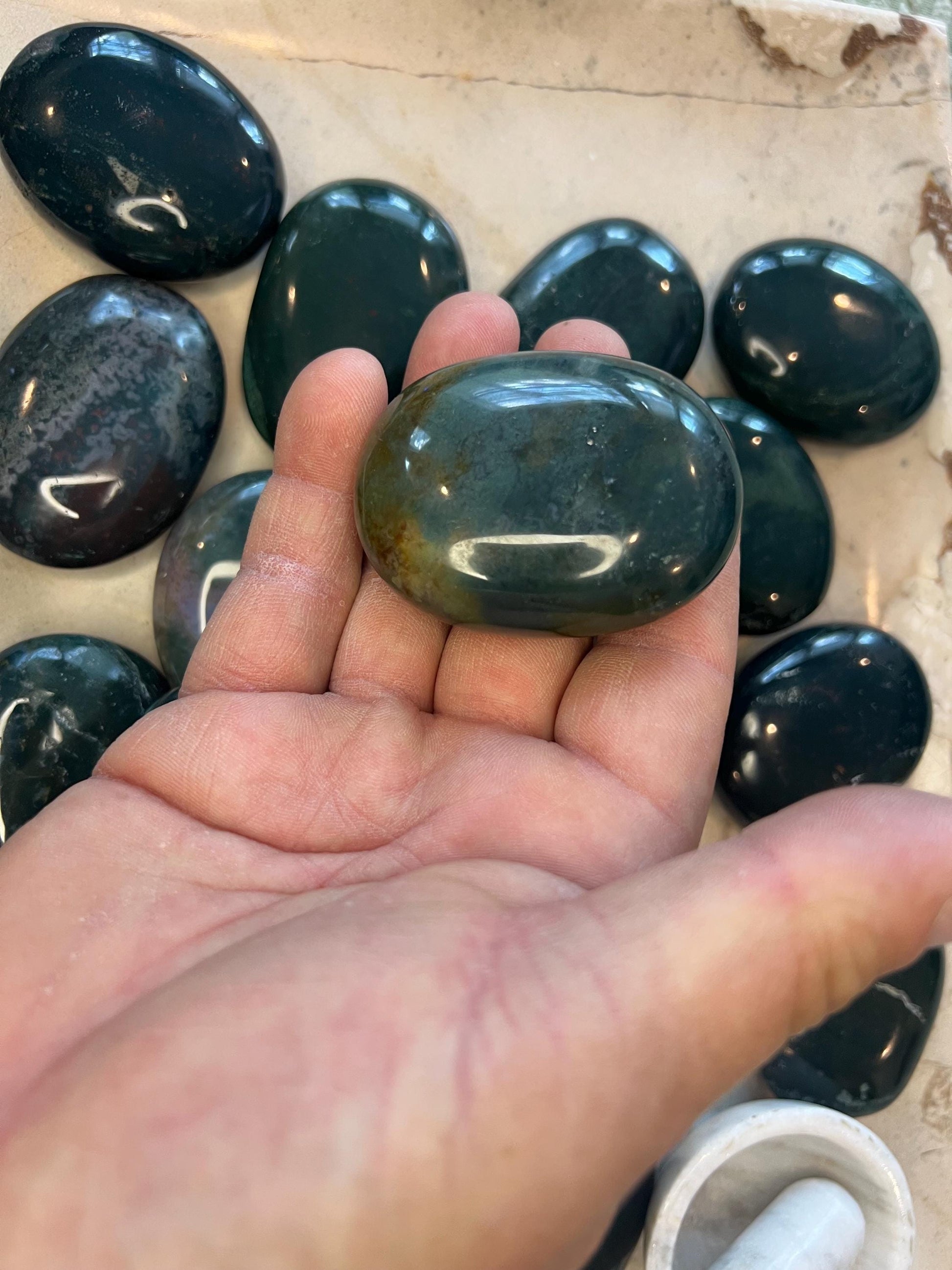 Bloodstone Natural Palm Stone Smooth Polished Carved Crystal for Distraction from Anxiety or Worry Home Decor Holiday Xmas Home Decor