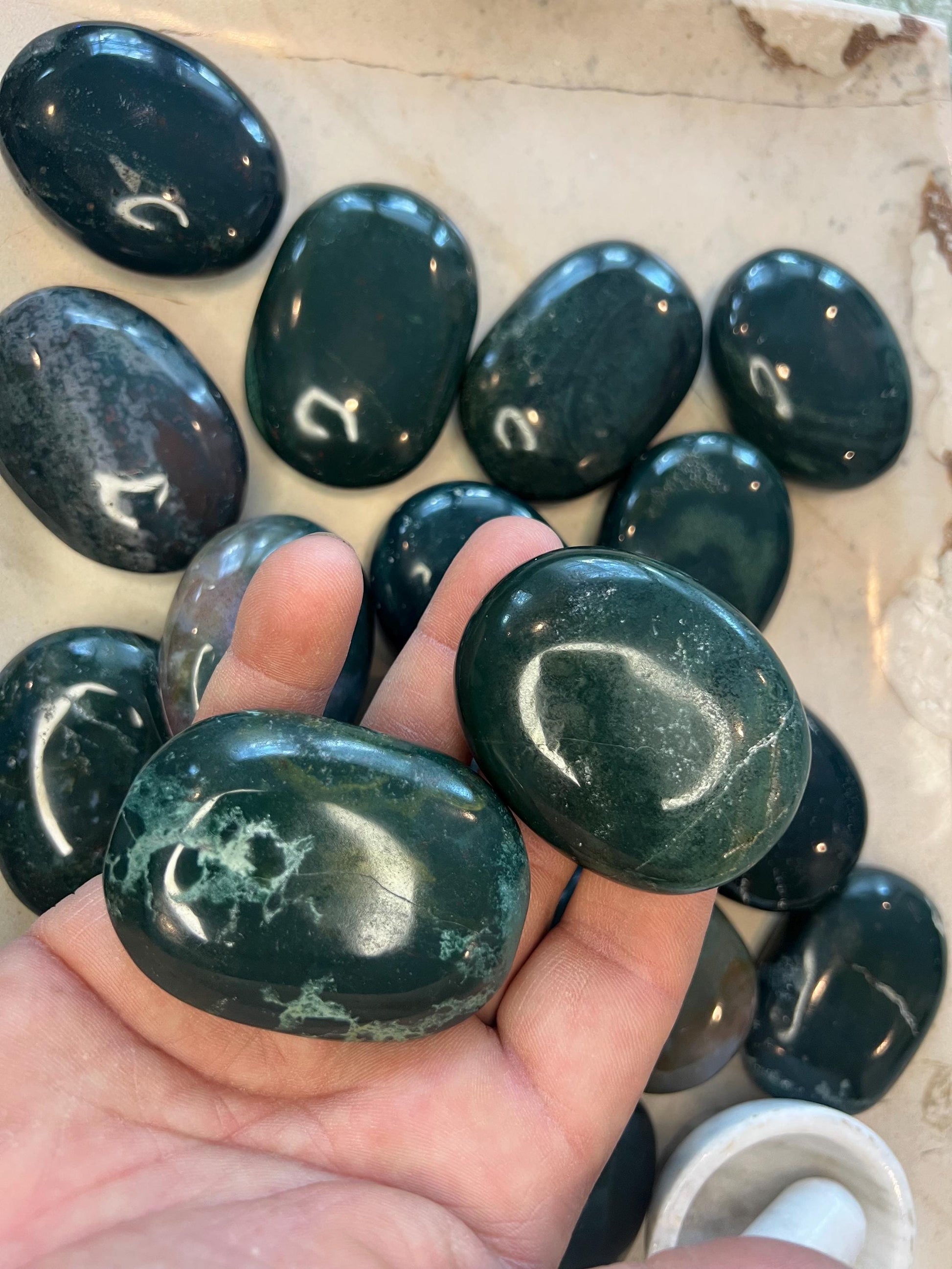 Bloodstone Natural Palm Stone Smooth Polished Carved Crystal for Distraction from Anxiety or Worry Home Decor Holiday Xmas Home Decor