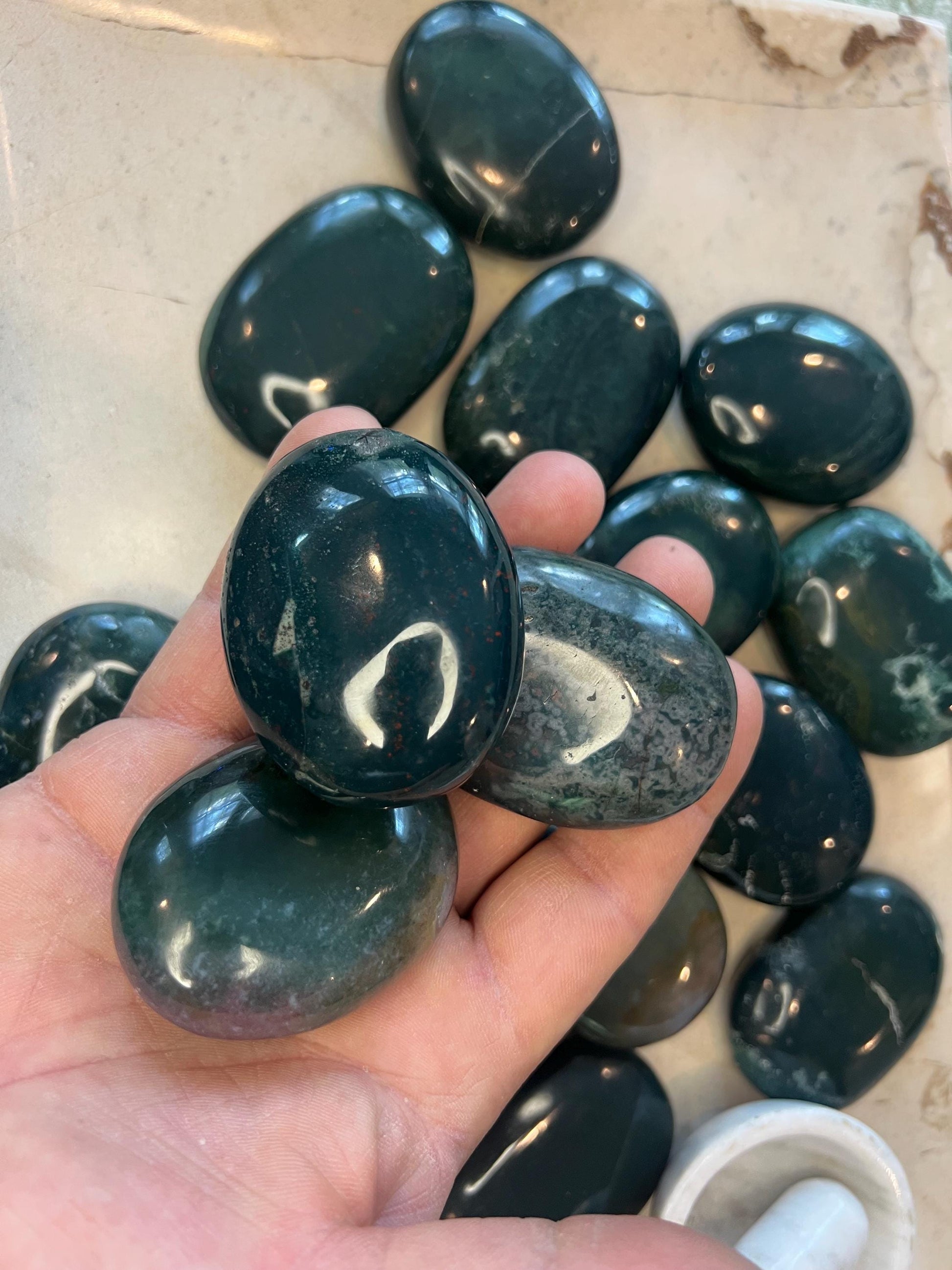 Bloodstone Natural Palm Stone Smooth Polished Carved Crystal for Distraction from Anxiety or Worry Home Decor Holiday Xmas Home Decor