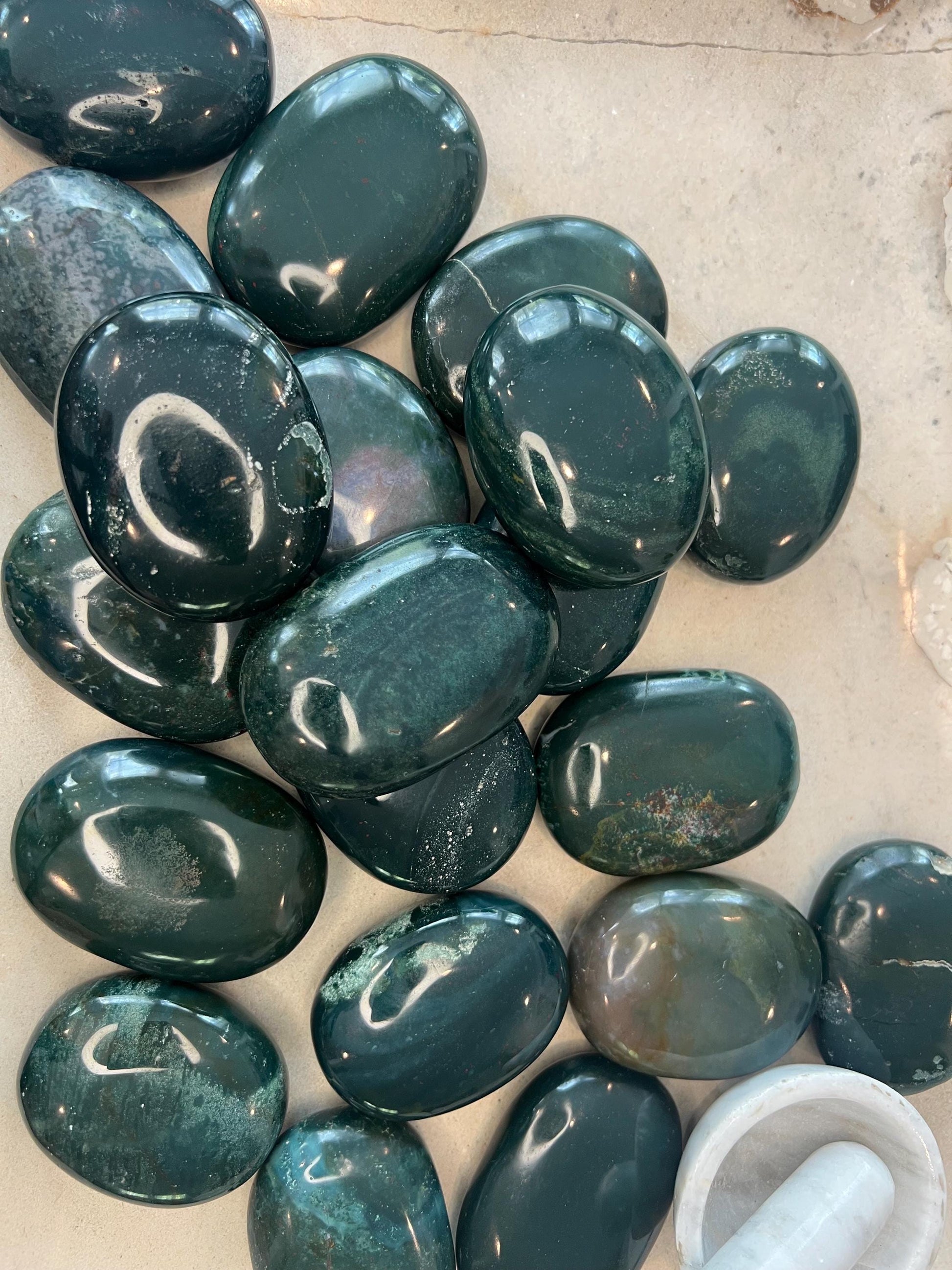 Bloodstone Natural Palm Stone Smooth Polished Carved Crystal for Distraction from Anxiety or Worry Home Decor Holiday Xmas Home Decor