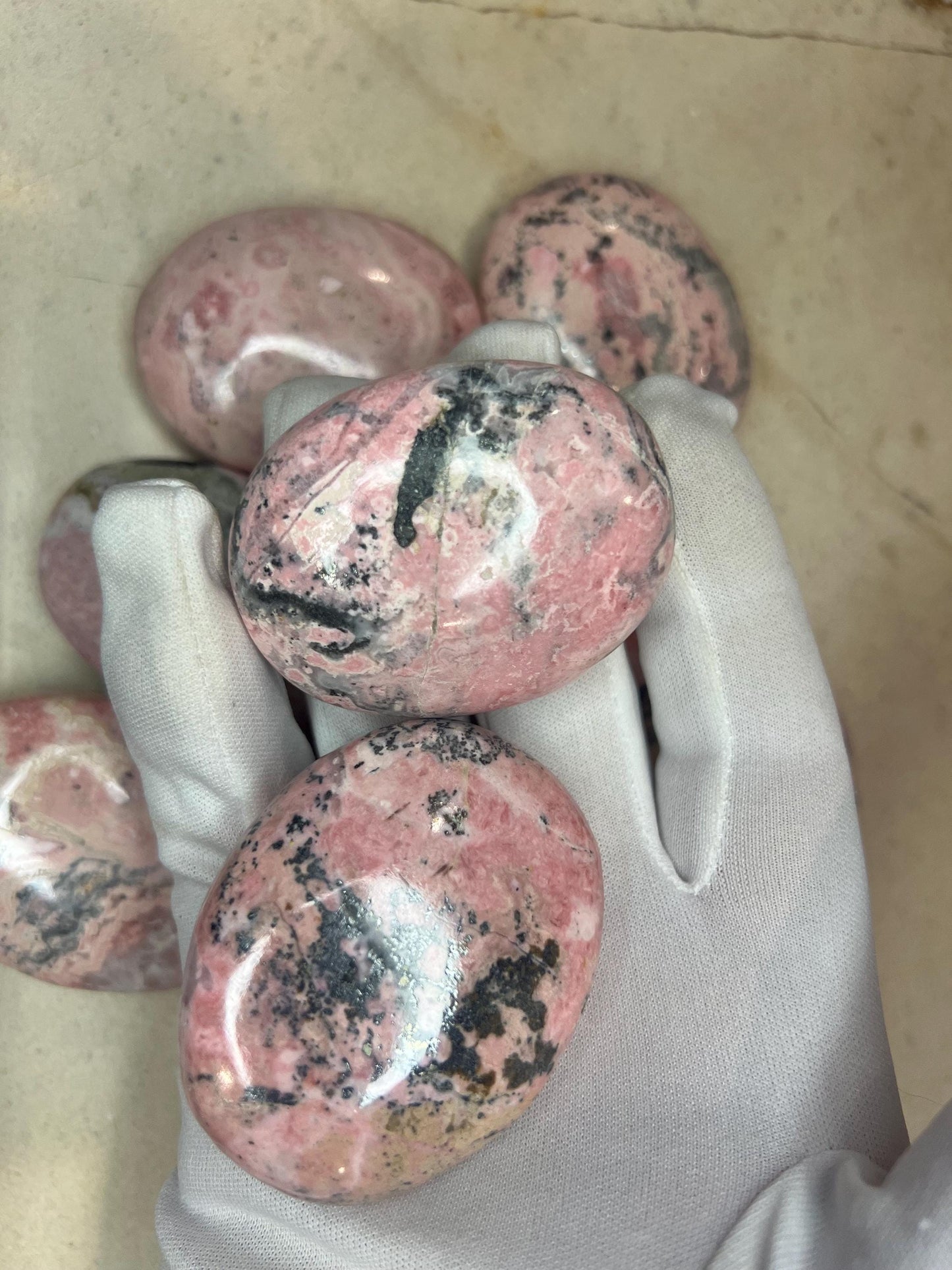 Indian Rhodochrosite Natural Palm Stone Smooth Polished Carved Crystal Worry Anxiety Distraction Meditation Christmas Xmas Gift Home Decor