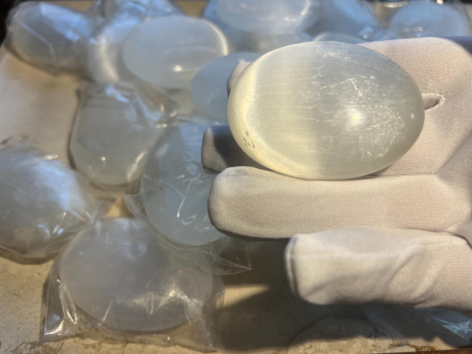 Pure Selenite Pocket Anxiety Palm Stone Smooth Panic Relaxation Natural Crystal Home Decor Birthday Gift Cleansing Crystal Large Worry