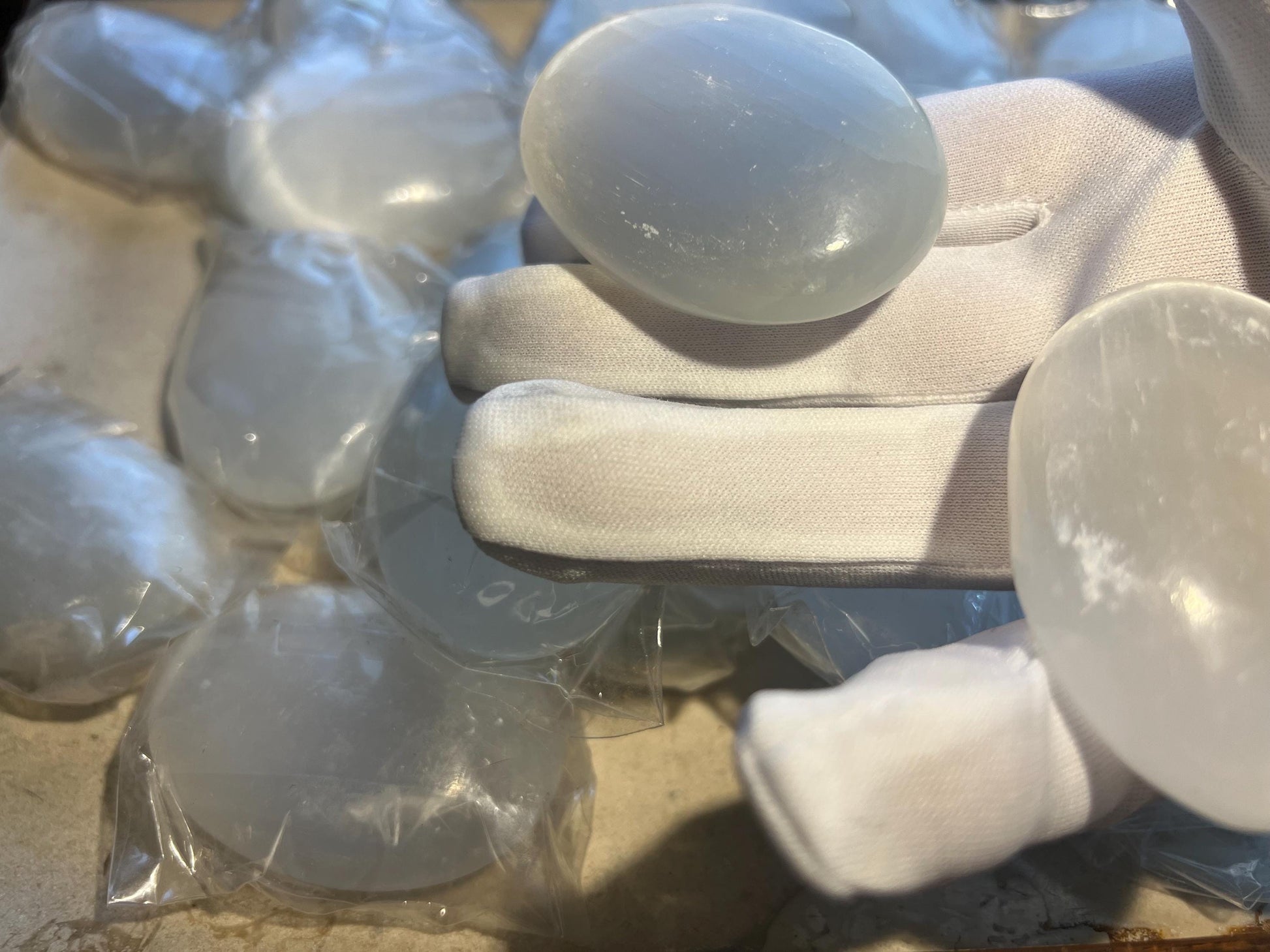 Pure Selenite Pocket Anxiety Palm Stone Smooth Panic Relaxation Natural Crystal Home Decor Birthday Gift Cleansing Crystal Large Worry