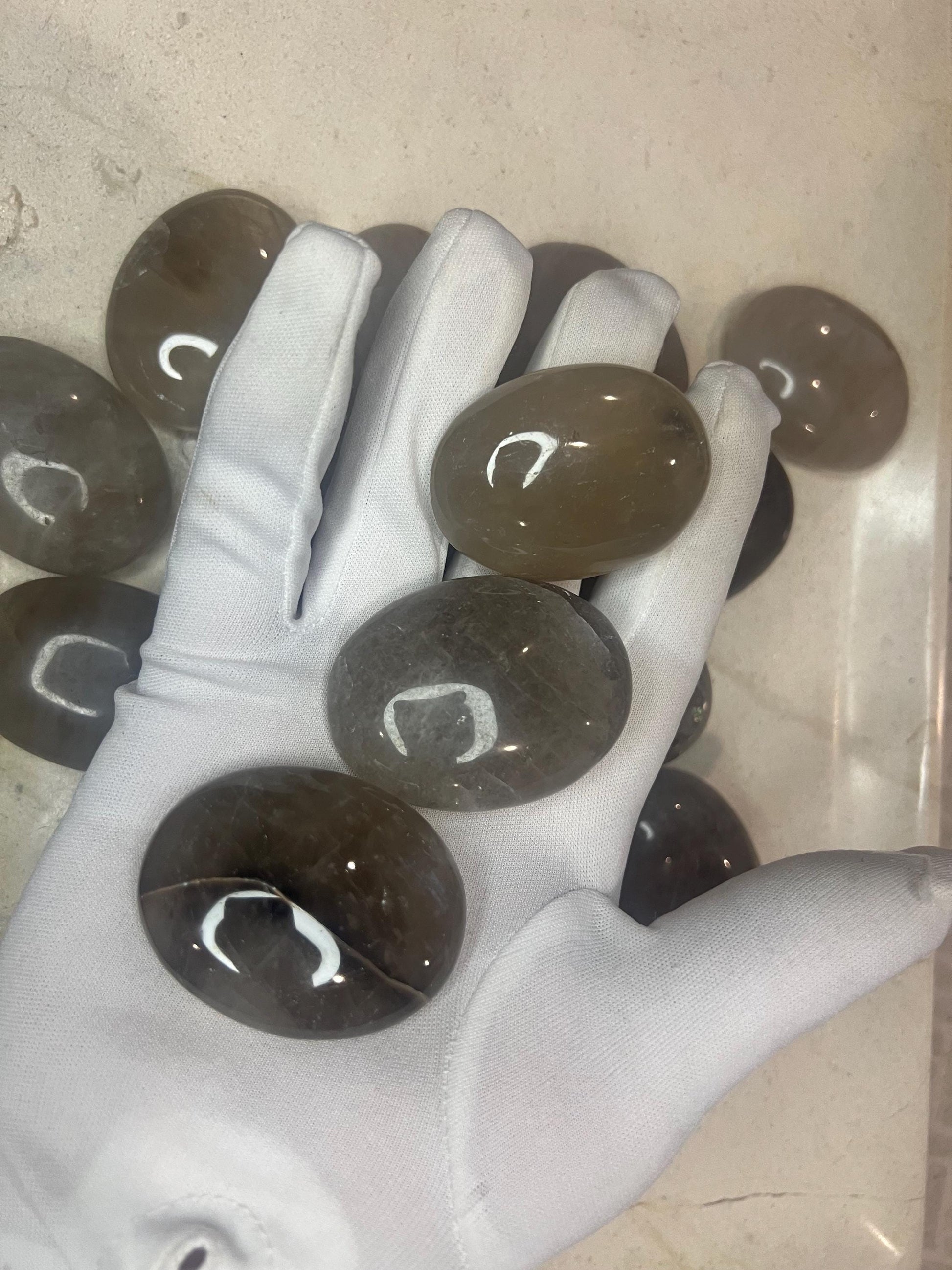 Indian Smoky Quartz Natural Palm Stone Smooth Polished Carved Crystal for Distraction Birthday Xmas Gift Anxiety Worry Stone