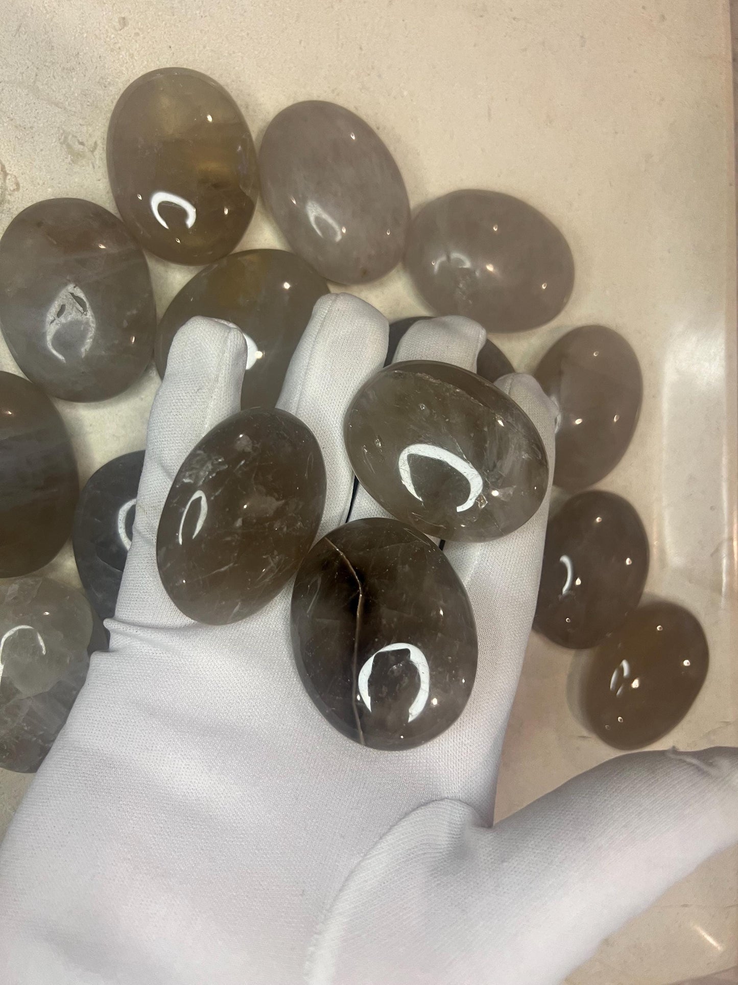 Indian Smoky Quartz Natural Palm Stone Smooth Polished Carved Crystal for Distraction Birthday Xmas Gift Anxiety Worry Stone