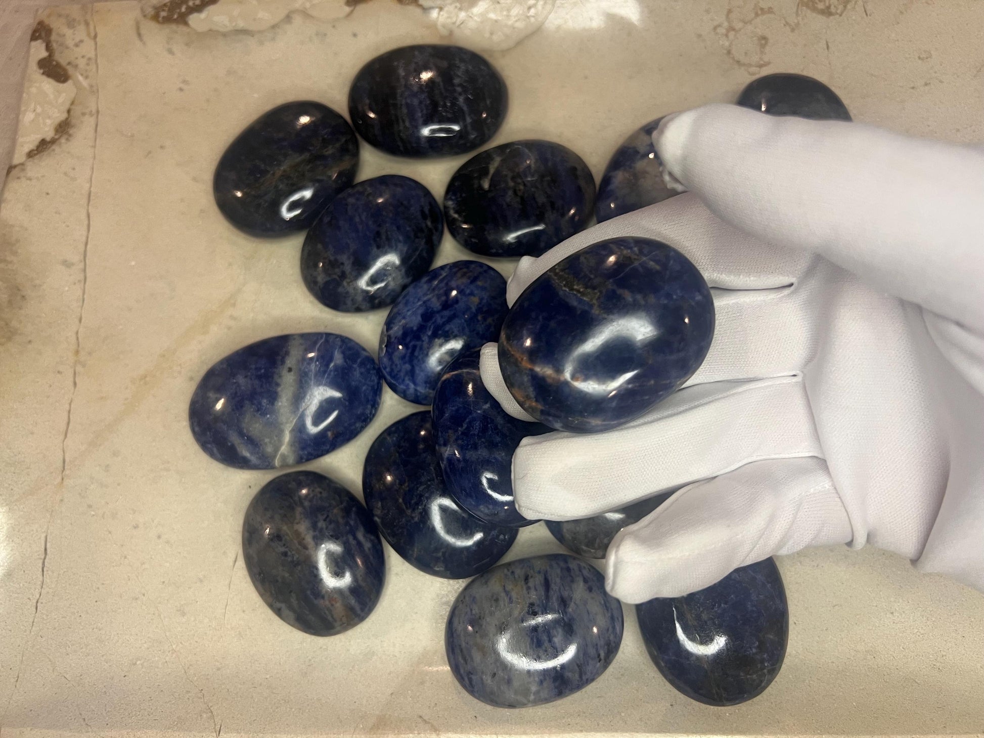 Indian Blue Sodalite Natural Full Sized Palm Stone Smooth Polished Carved Crystal for Distraction Anxiety Christmas Xmas Birthday Gift Worry
