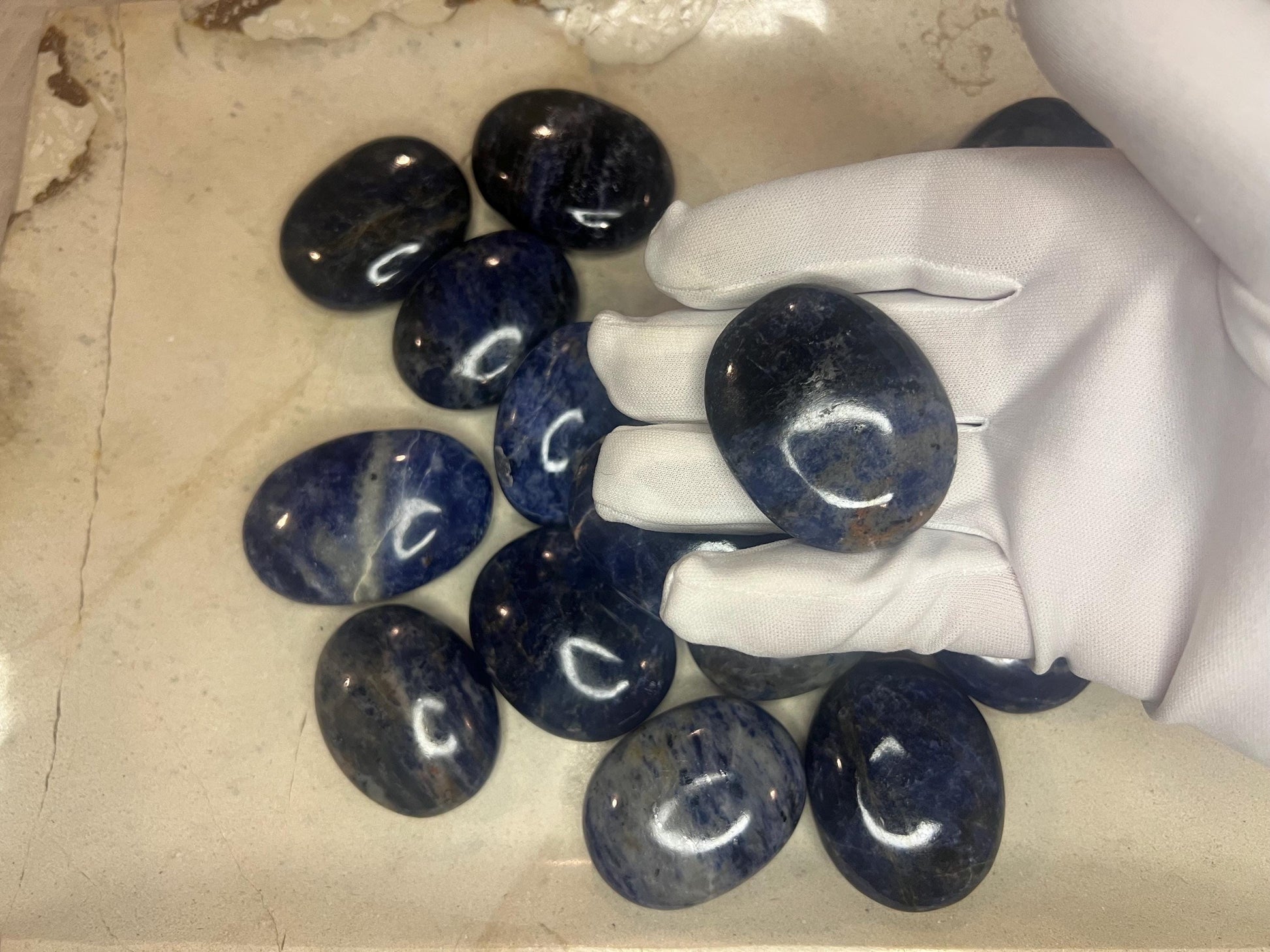 Indian Blue Sodalite Natural Full Sized Palm Stone Smooth Polished Carved Crystal for Distraction Anxiety Christmas Xmas Birthday Gift Worry