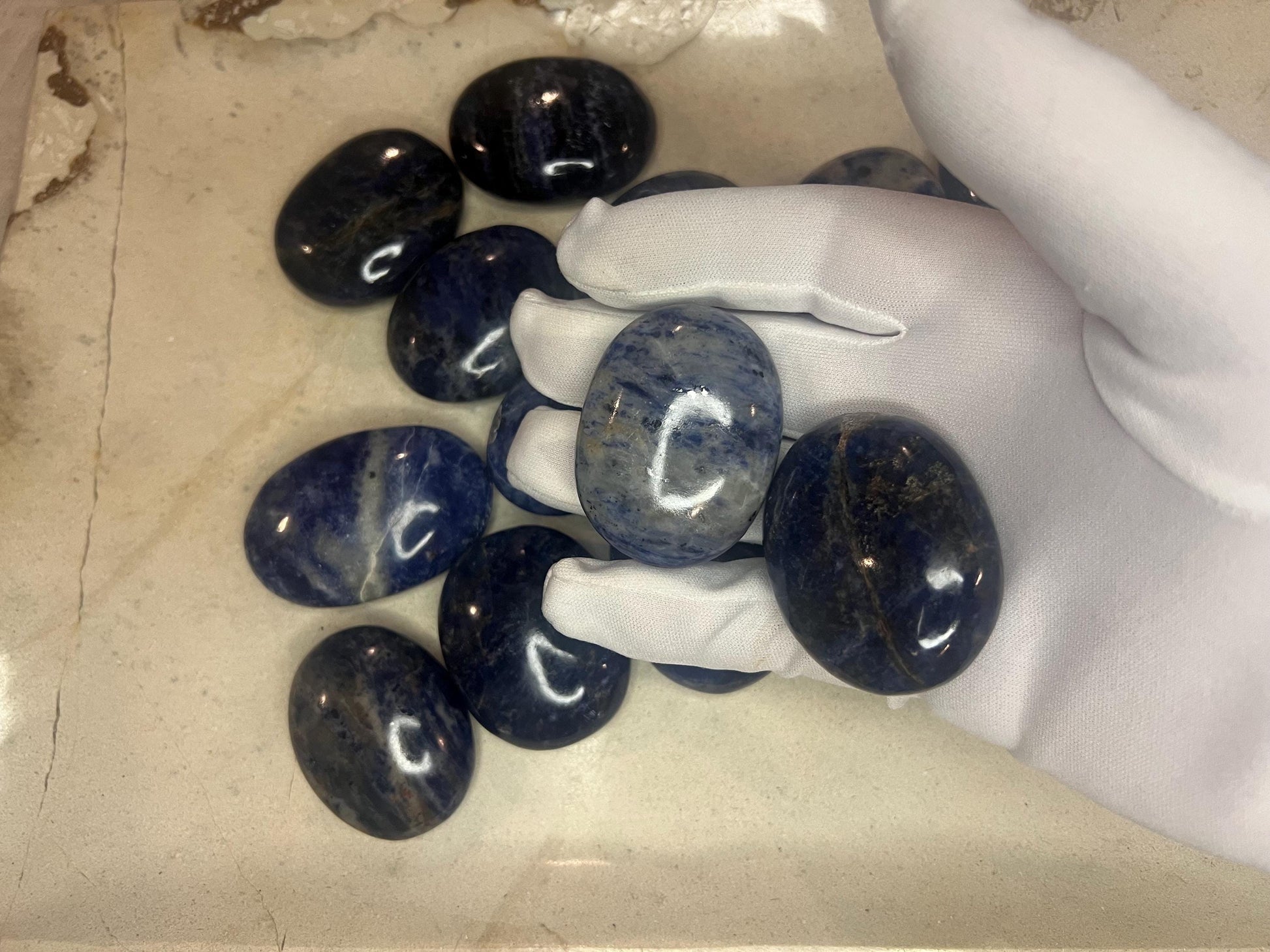 Indian Blue Sodalite Natural Full Sized Palm Stone Smooth Polished Carved Crystal for Distraction Anxiety Christmas Xmas Birthday Gift Worry