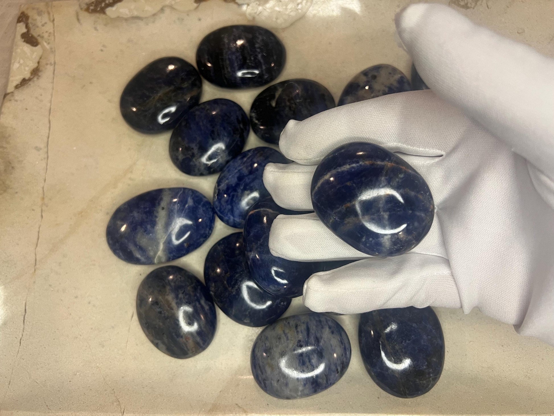 Indian Blue Sodalite Natural Full Sized Palm Stone Smooth Polished Carved Crystal for Distraction Anxiety Christmas Xmas Birthday Gift Worry