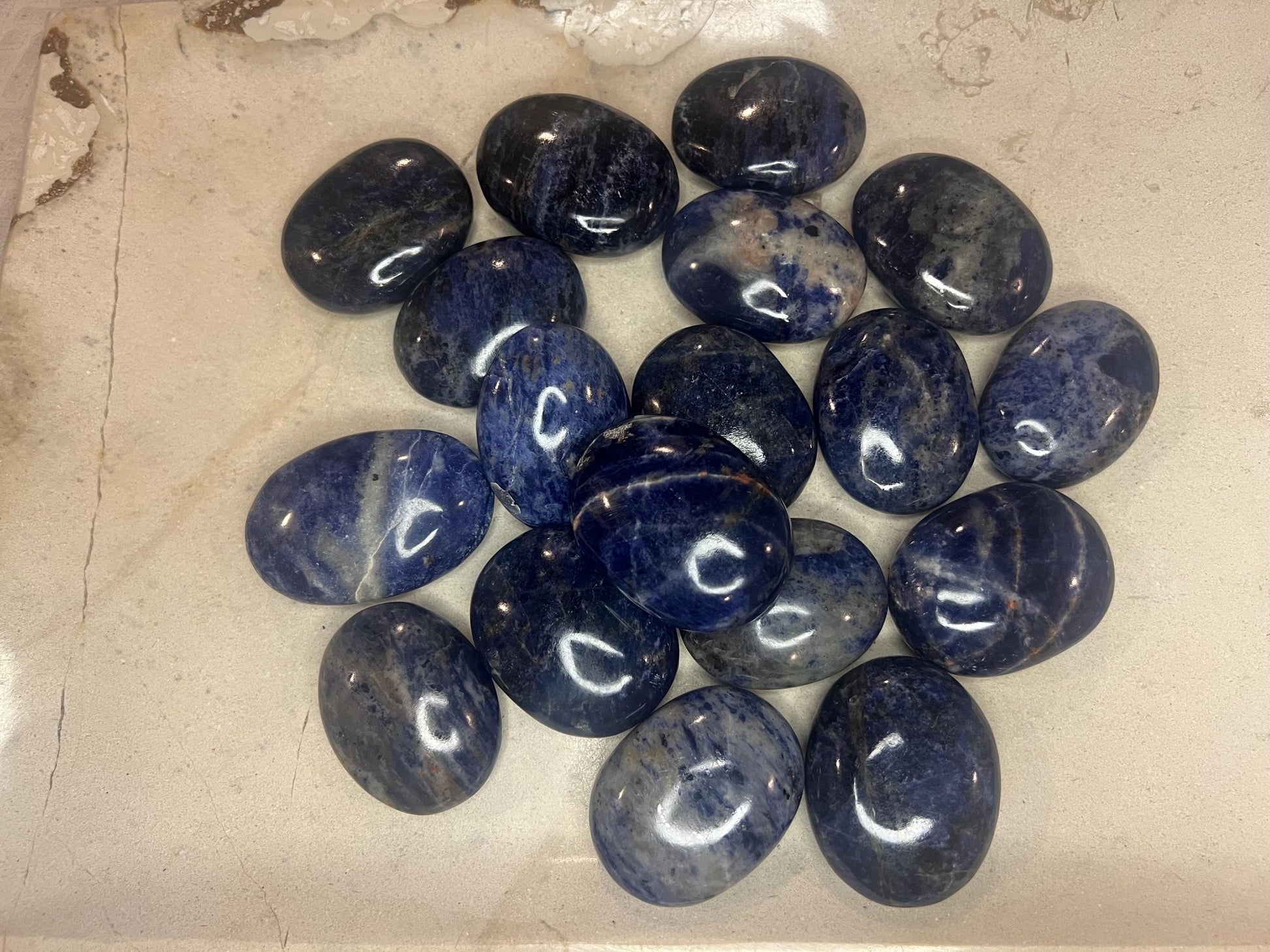 Indian Blue Sodalite Natural Full Sized Palm Stone Smooth Polished Carved Crystal for Distraction Anxiety Christmas Xmas Birthday Gift Worry