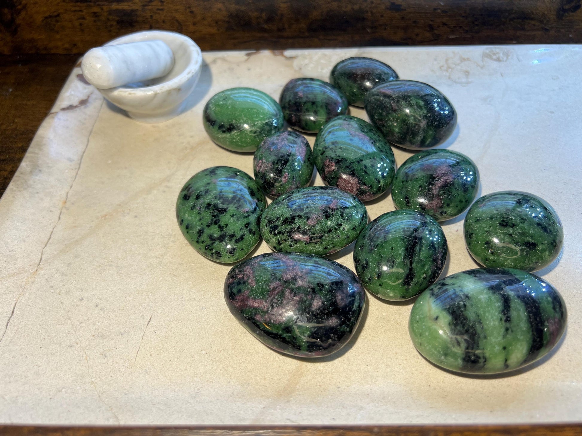 Indian Ruby in Zoisite Natural Palm Stone Smooth Polished Carved Crystal for Distraction from Anxiety or Worry Home Decor Holiday Xmas Home