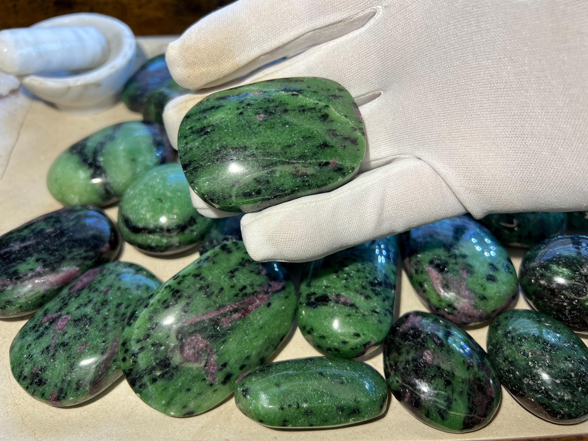 Indian Ruby in Zoisite Natural Palm Stone Smooth Polished Carved Crystal for Distraction from Anxiety or Worry Home Decor Holiday Xmas Home