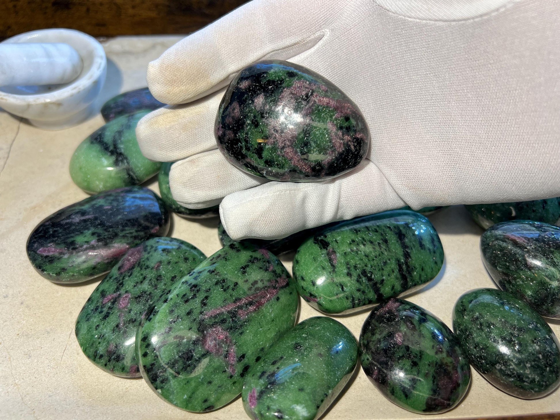 Indian Ruby in Zoisite Natural Palm Stone Smooth Polished Carved Crystal for Distraction from Anxiety or Worry Home Decor Holiday Xmas Home
