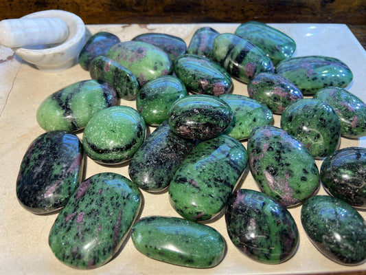 Indian Ruby in Zoisite Natural Palm Stone Smooth Polished Carved Crystal for Distraction from Anxiety or Worry Home Decor Holiday Xmas Home