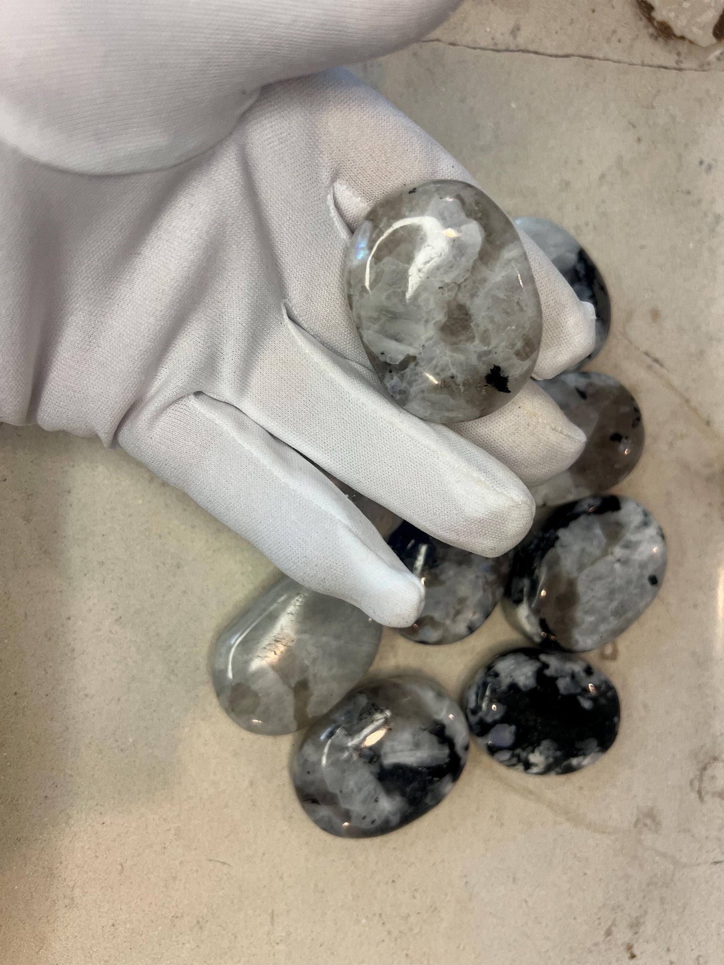 Indian Medium White Moonstone Palm Stone Smooth Polished Carved Crystal for Distraction from Anxiety or Worry Home Decor Holiday Xmas Decor