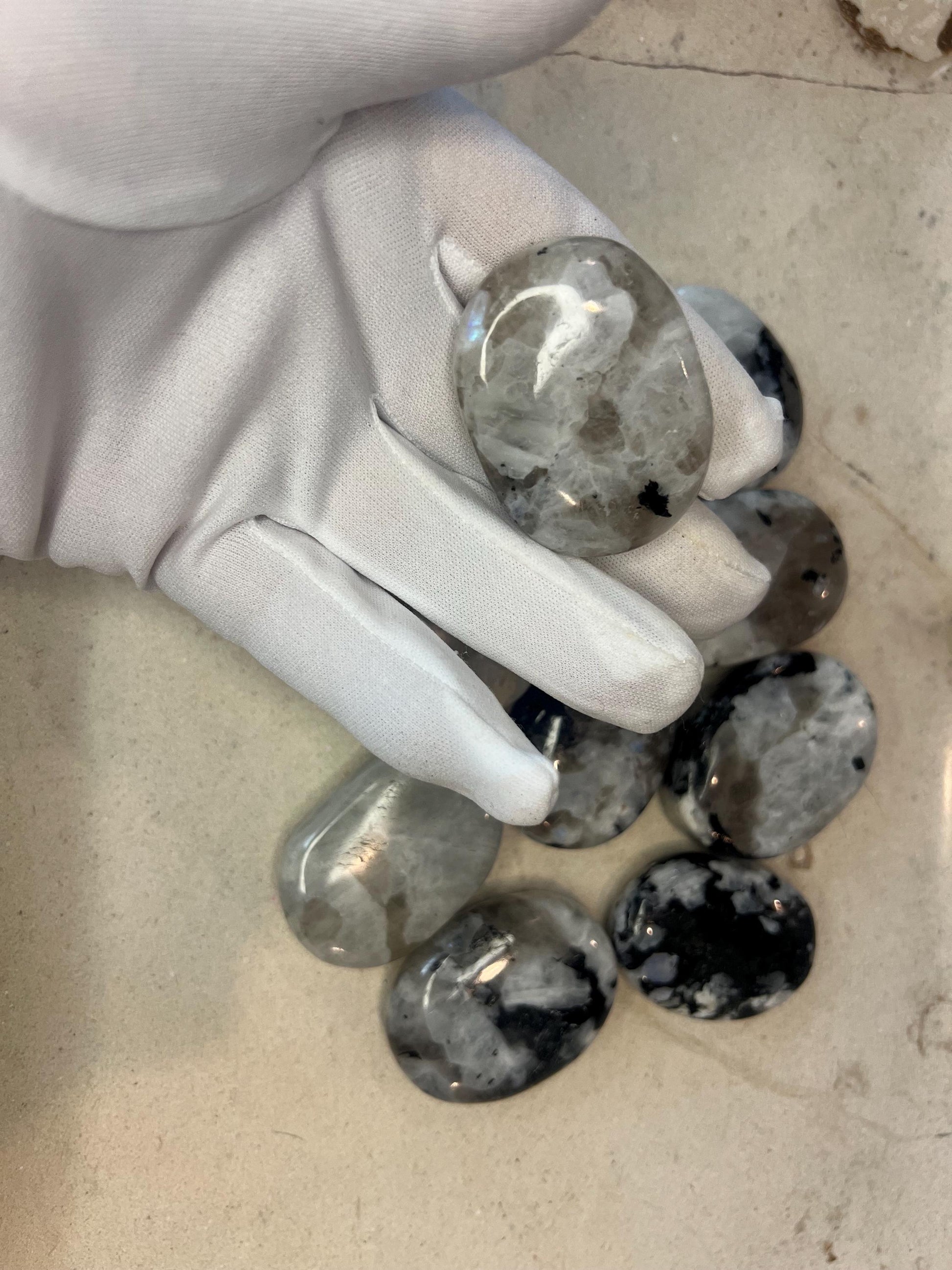Indian Medium White Moonstone Palm Stone Smooth Polished Carved Crystal for Distraction from Anxiety or Worry Home Decor Holiday Xmas Decor