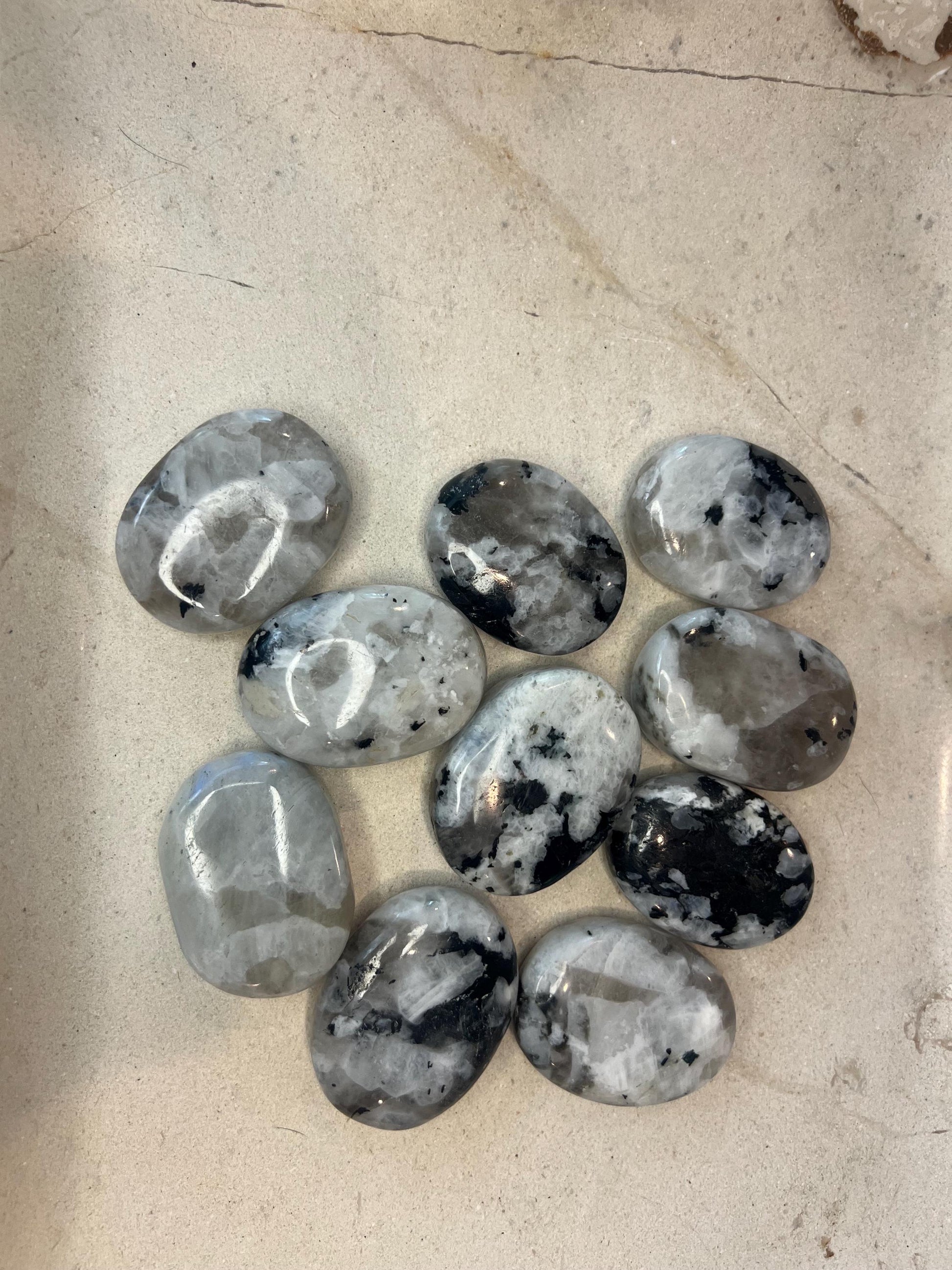 Indian Medium White Moonstone Palm Stone Smooth Polished Carved Crystal for Distraction from Anxiety or Worry Home Decor Holiday Xmas Decor