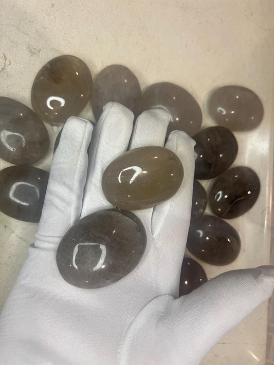 Indian Smoky Quartz Natural Palm Stone Smooth Polished Carved Crystal for Distraction Birthday Xmas Gift Anxiety Worry Stone
