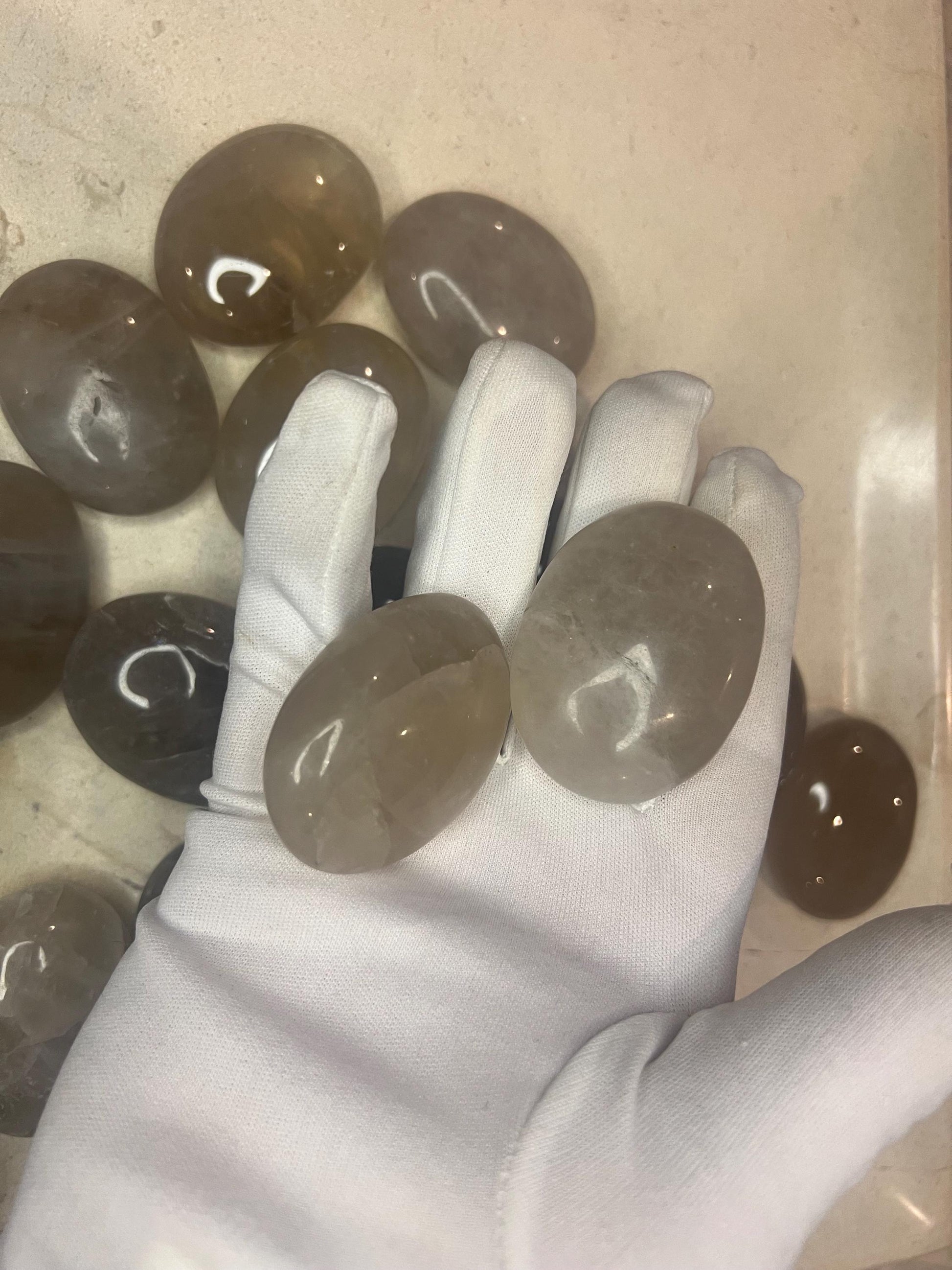 Indian Smoky Quartz Natural Palm Stone Smooth Polished Carved Crystal for Distraction Birthday Xmas Gift Anxiety Worry Stone