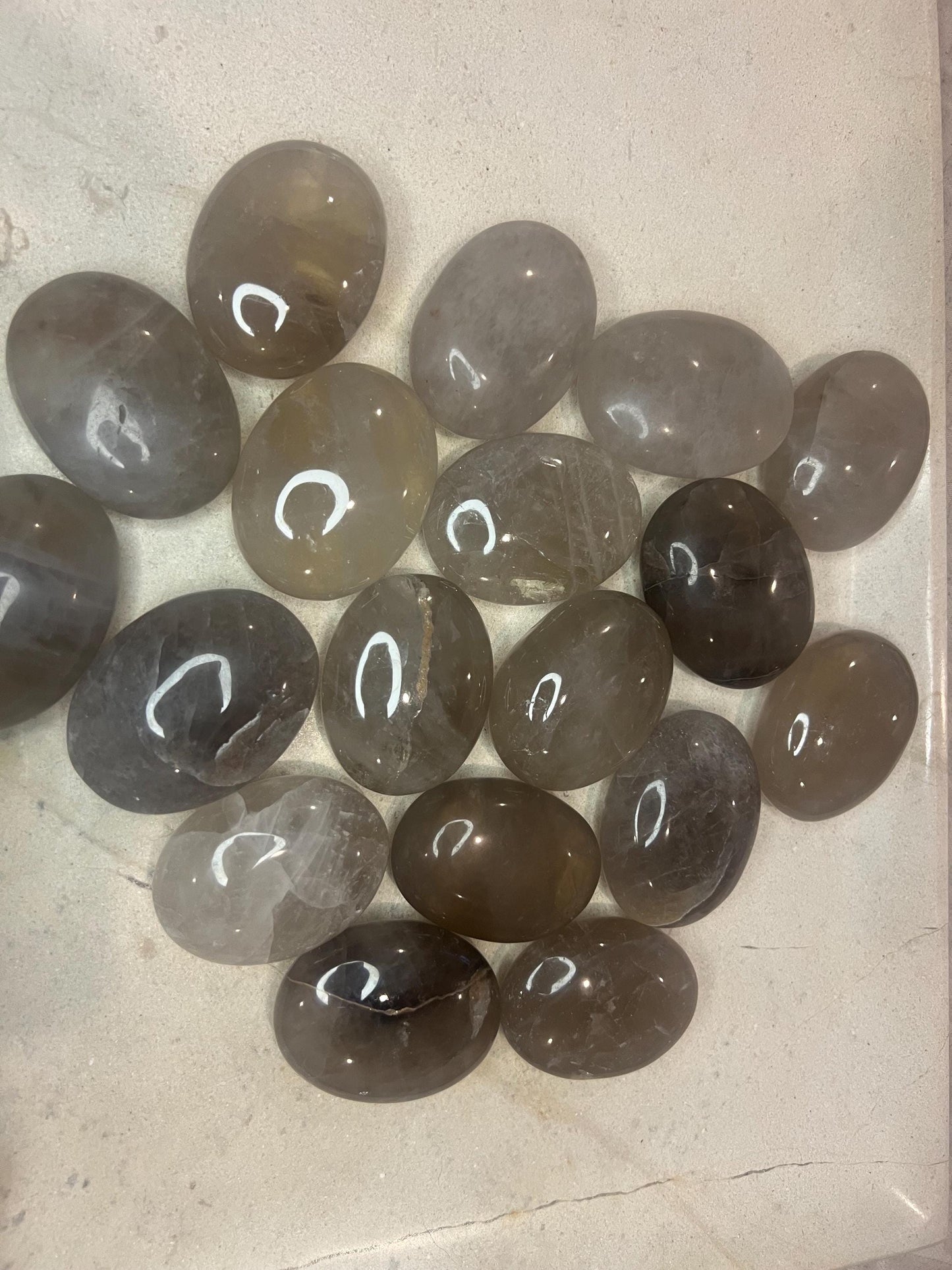 Indian Smoky Quartz Natural Palm Stone Smooth Polished Carved Crystal for Distraction Birthday Xmas Gift Anxiety Worry Stone