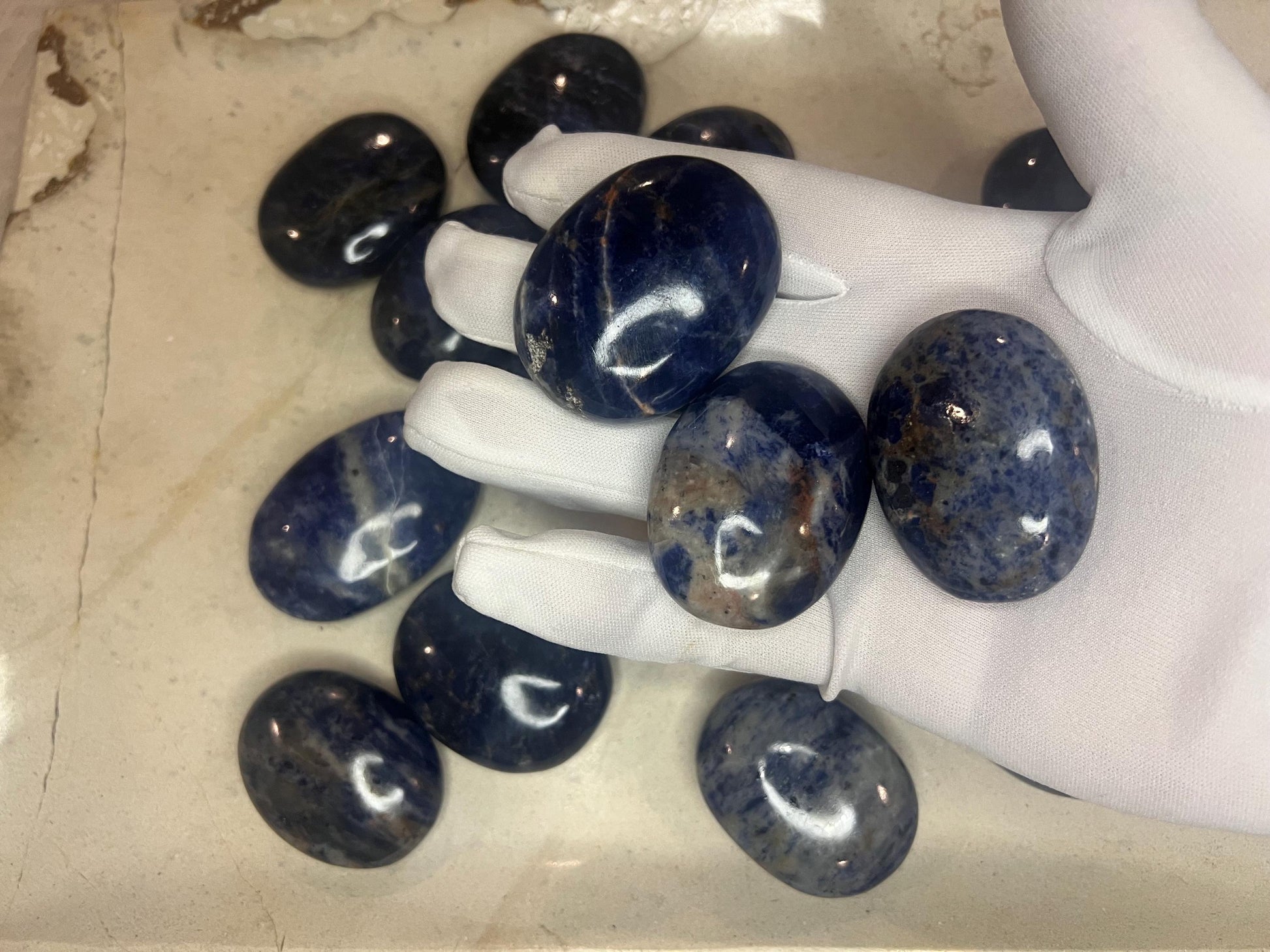 Indian Blue Sodalite Natural Full Sized Palm Stone Smooth Polished Carved Crystal for Distraction Anxiety Christmas Xmas Birthday Gift Worry