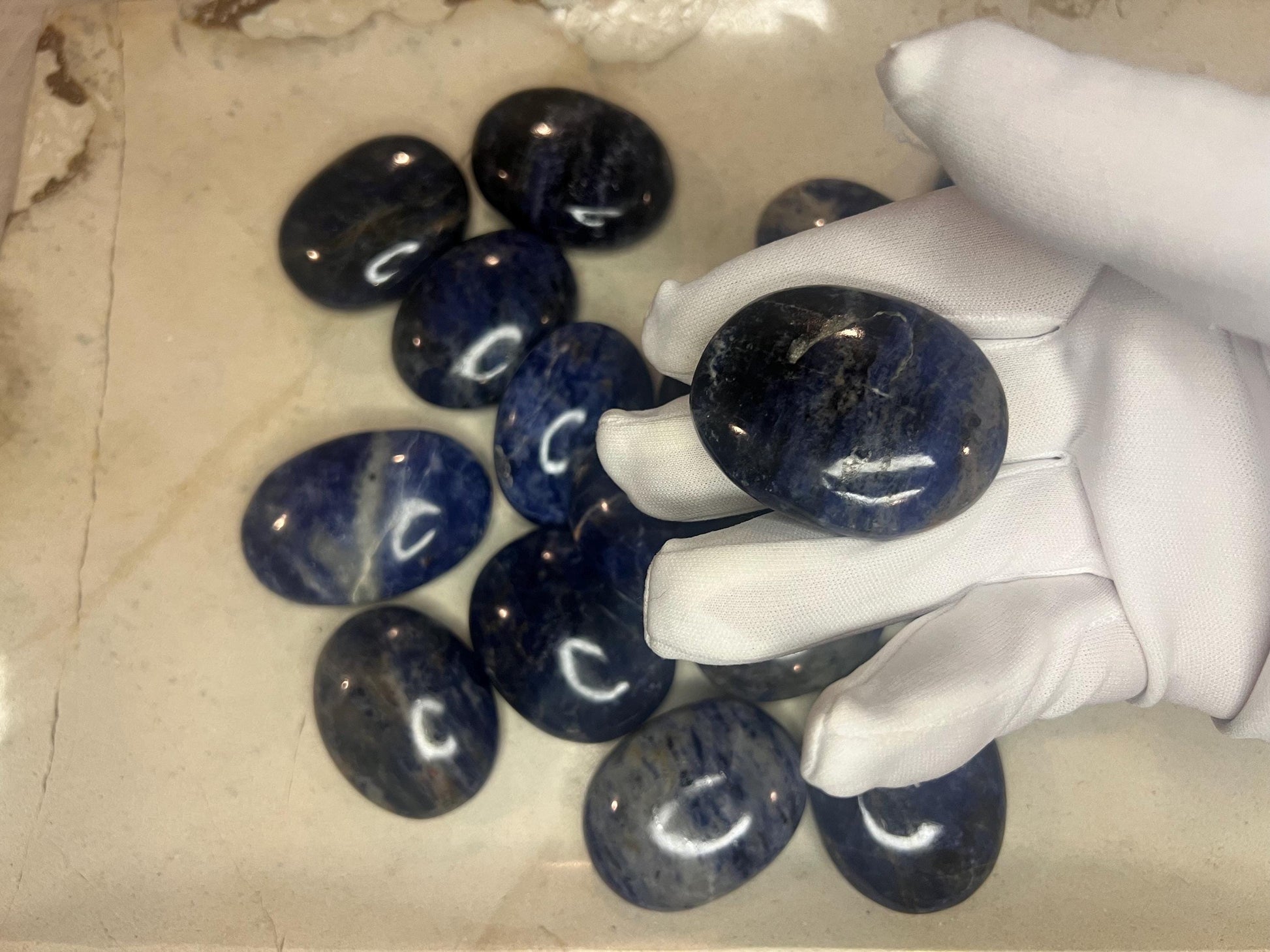 Indian Blue Sodalite Natural Full Sized Palm Stone Smooth Polished Carved Crystal for Distraction Anxiety Christmas Xmas Birthday Gift Worry