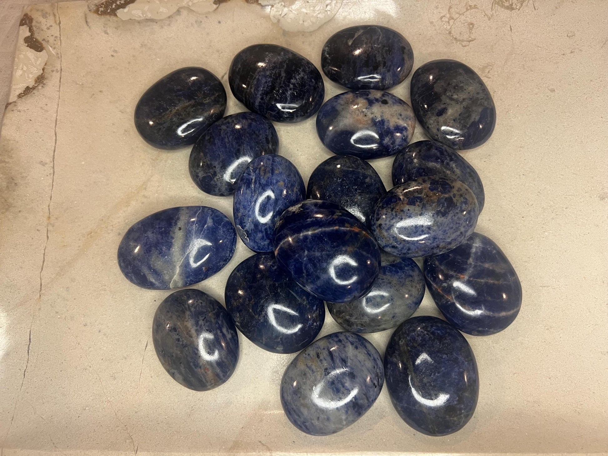 Indian Blue Sodalite Natural Full Sized Palm Stone Smooth Polished Carved Crystal for Distraction Anxiety Christmas Xmas Birthday Gift Worry